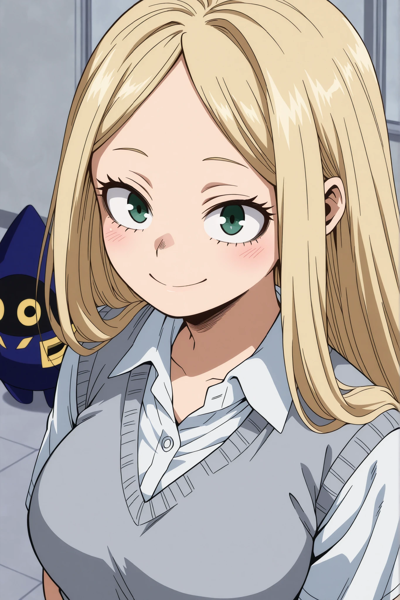 Boku no hero academia style, detailed background, 1girl, vollumptous, medium breasts, straight hair, no bangs, long hair, blonde hair, green eyes, smiling, school uniform