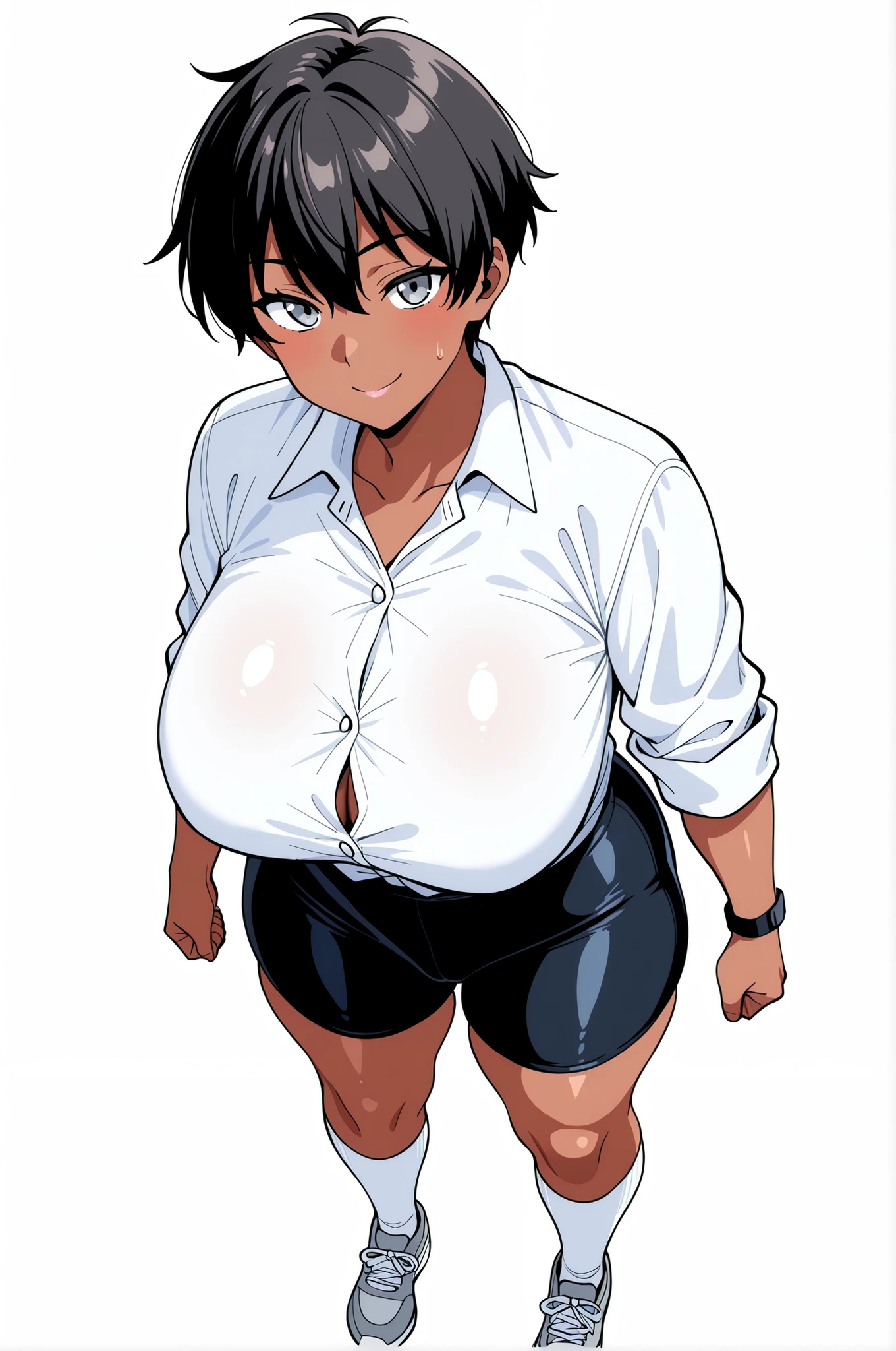  master、animation、solo、womanhood２people、(Thick black hair)、very short hair、boyish hair、has bangs and is making a small scream、 (gray eyes)、dark brown skin, watch、Smile Yan、Subtly red face、(light pink lipstick: 0.6)、big boobs、(Tightened a little)、(A little muscular: 0.8)、Safe delivery body type 、 Height: 170cm、school uniform、(long sleeve white button shirt with rolled up arms:1.2)、black bike shorts under shirt、White below-knee socks、 white and grey sport shoes, (simple white background:1.5)、Dynamic Shots
