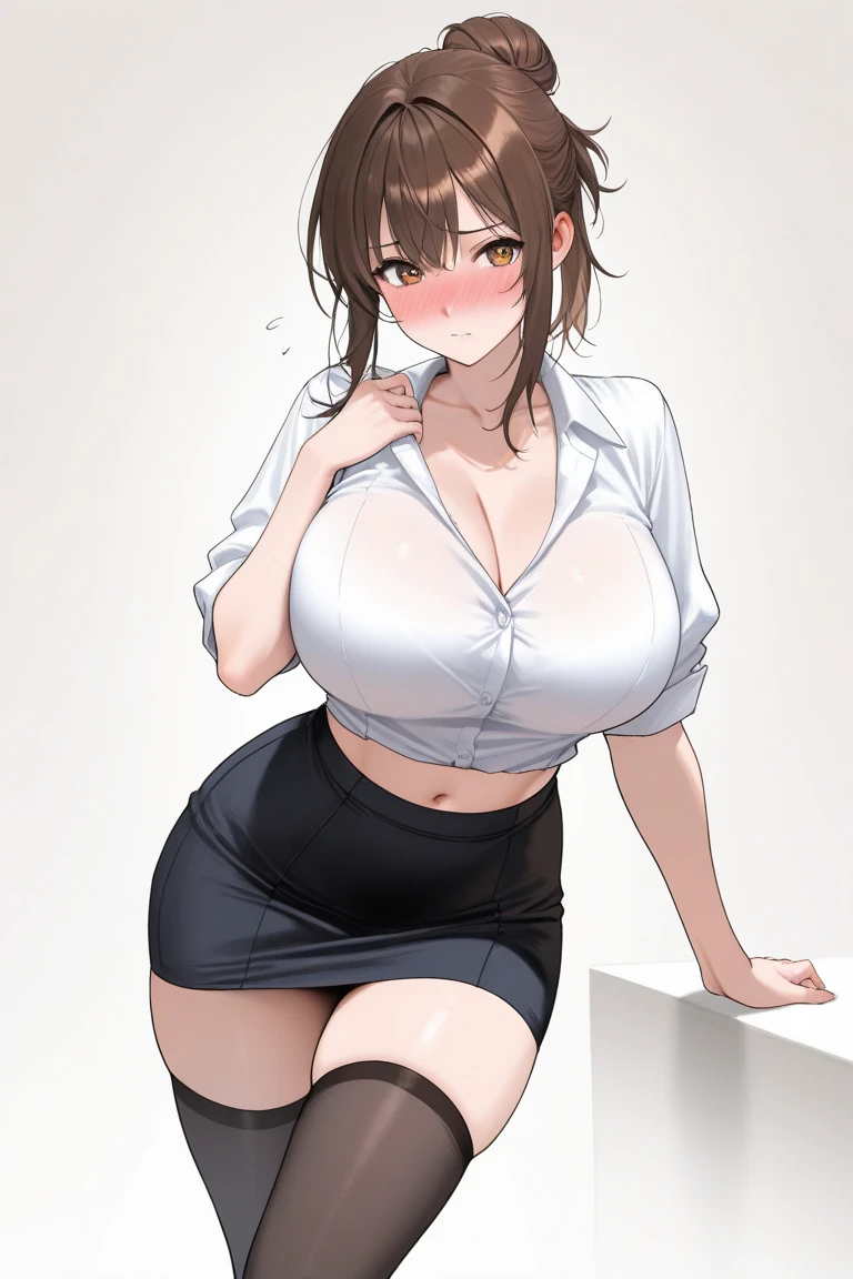 (best quality), (masterpiece), 1 girl, early 20's, huge heavy breasts, busty, massive breasts, thick, thick lips, wide hips, thin waist, in office, vomcum, cum out of mouth, undressing, red bra, black pencil skirt, bending over