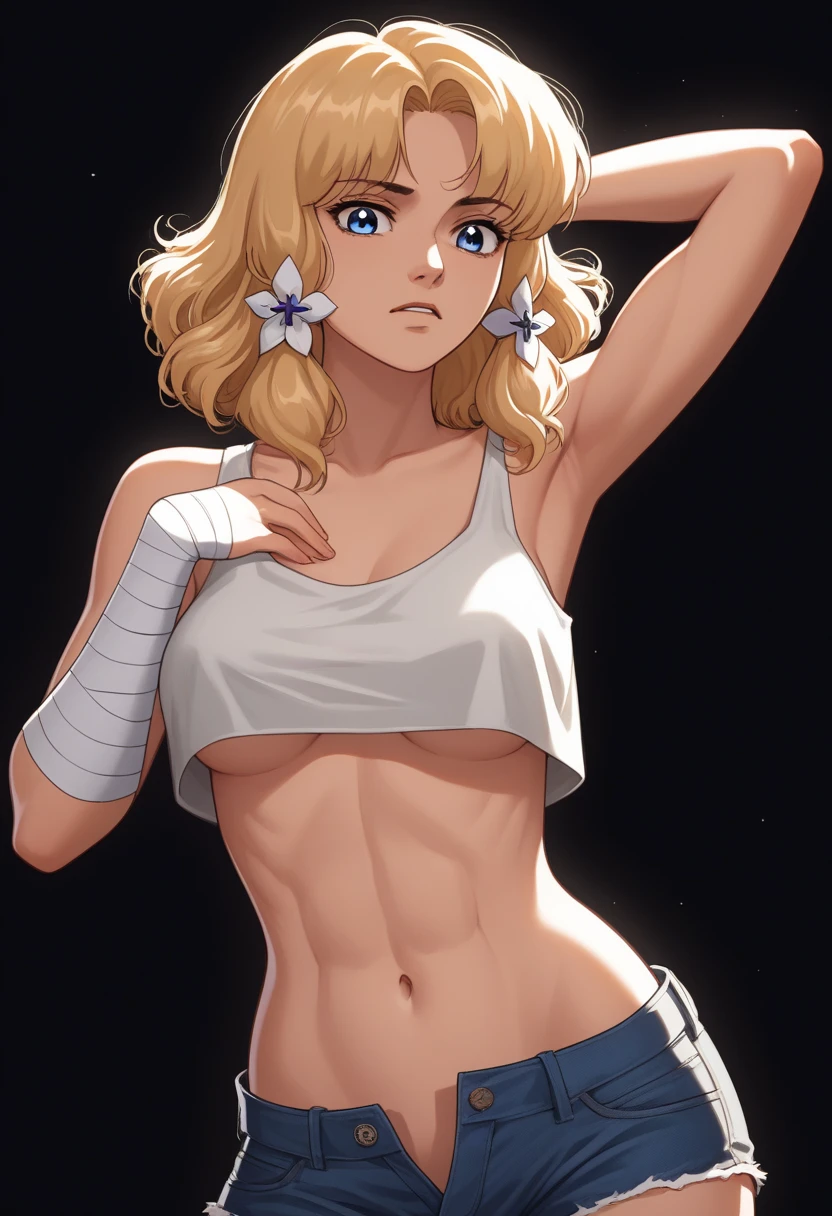solo, 1girl, masterpiece, best quality, painting , (medium), , art nouveau, art by alphonse mucha, DeathCarpeDiem, flat chest, mature (tanned), blonde hair, long hair, ponytail, green eyes, wide hips, crop top underboob, rainbow background, looking at viewer, idol, detailed eyes, seductive smile, happy, thick thighs, abstract background, (small breasts:1.5), pleated skirt, ((loose shirt, loose_clothing):1.5)