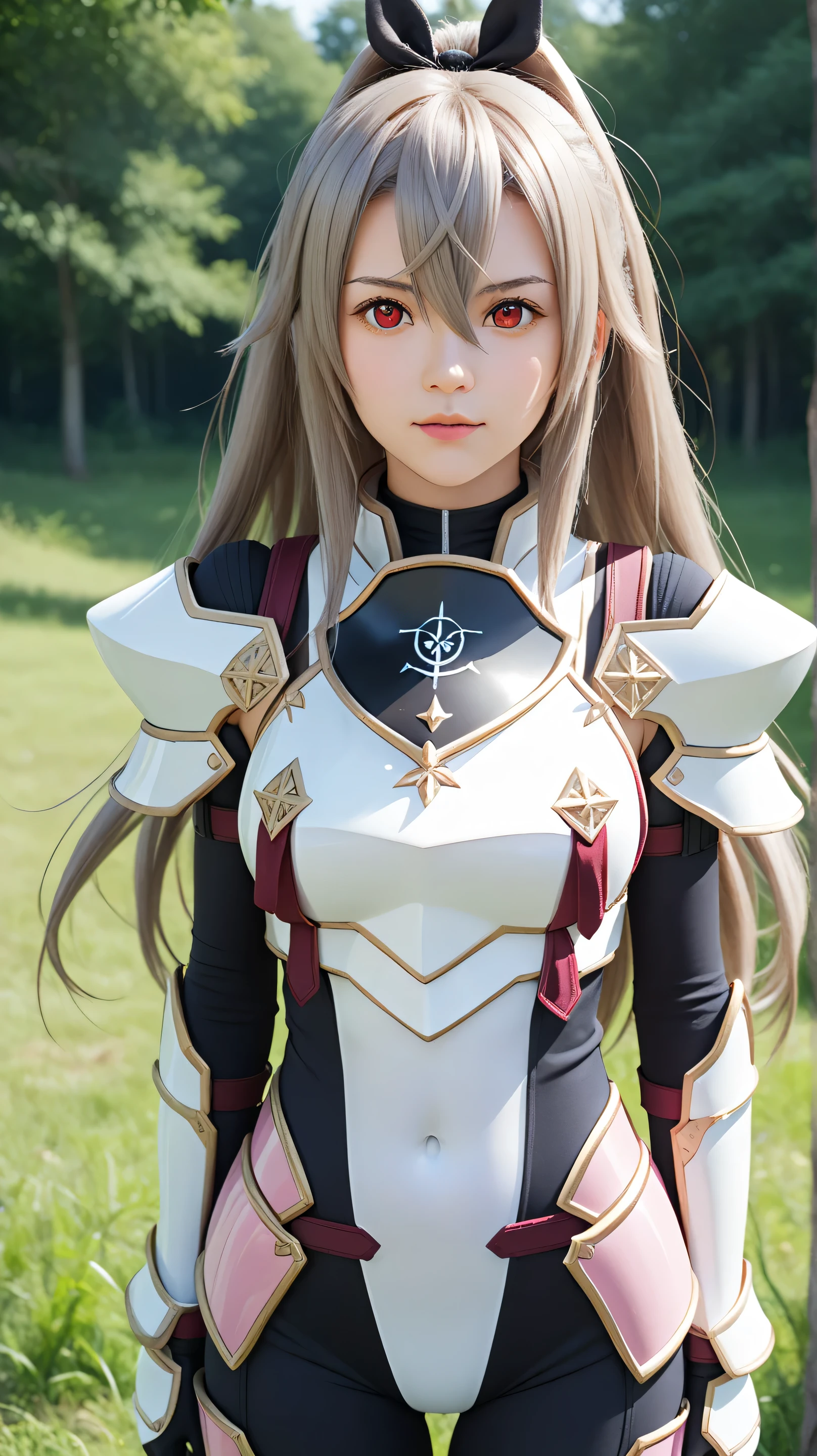 1girl, solo,eydish,red eyes,gray hair,(long hair:1.4),outdoors,potrait,medium breast,forest,front view,standing on grass field,grass field background,looking at viewer,hair between eyes,bodysuit,bare shoulders, black glove,pink armor,close up, navel, half body view