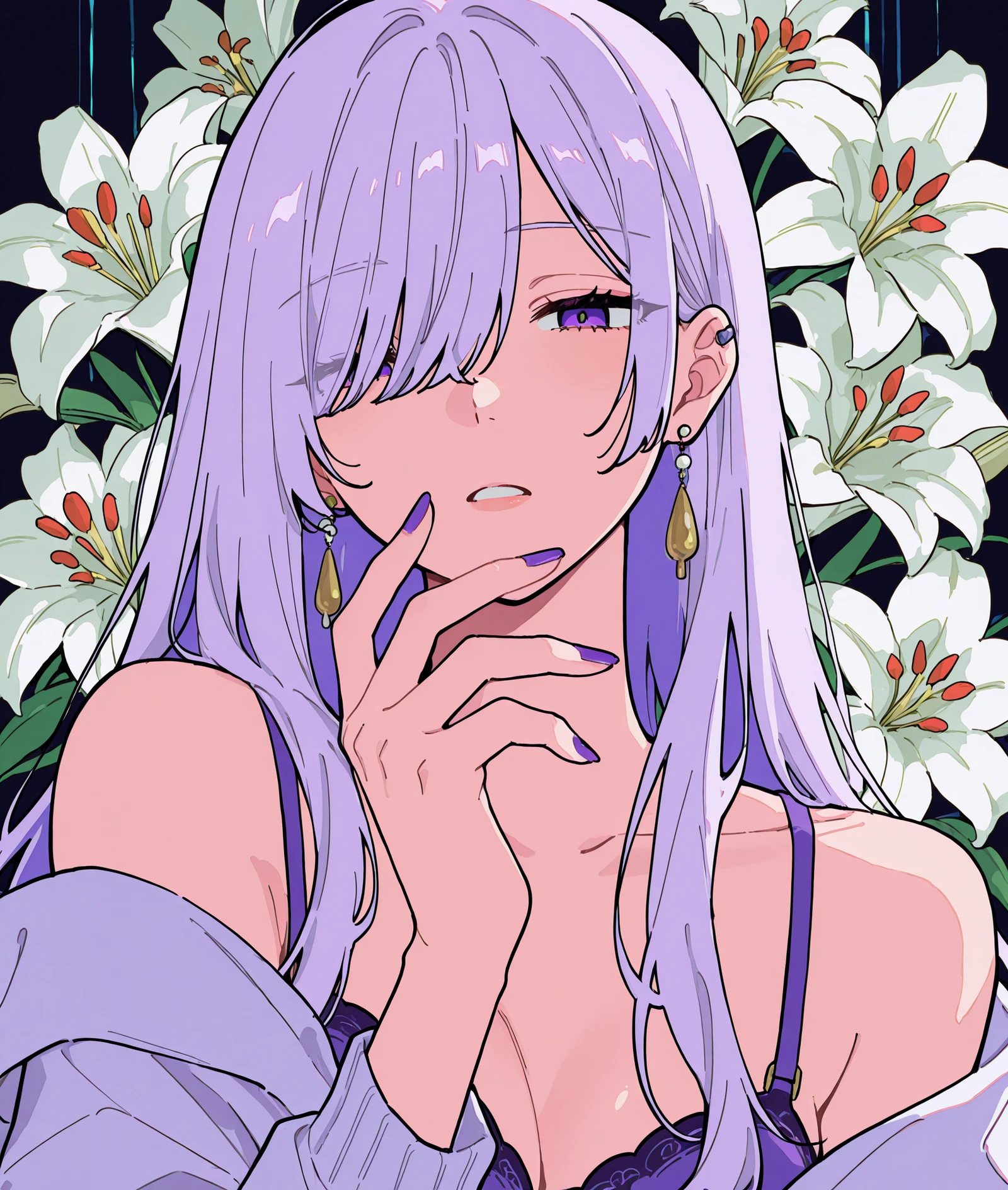 score_9, score_8_up, score_7_up, score_6_up, 1girl, solo, sexy, Lily, LilyDuolingo, girl, light purple hair, hair over one eye, purple nails, thin body, , Girl with a Pearl Earring,
(vector art:0.5) dramatic lighting,