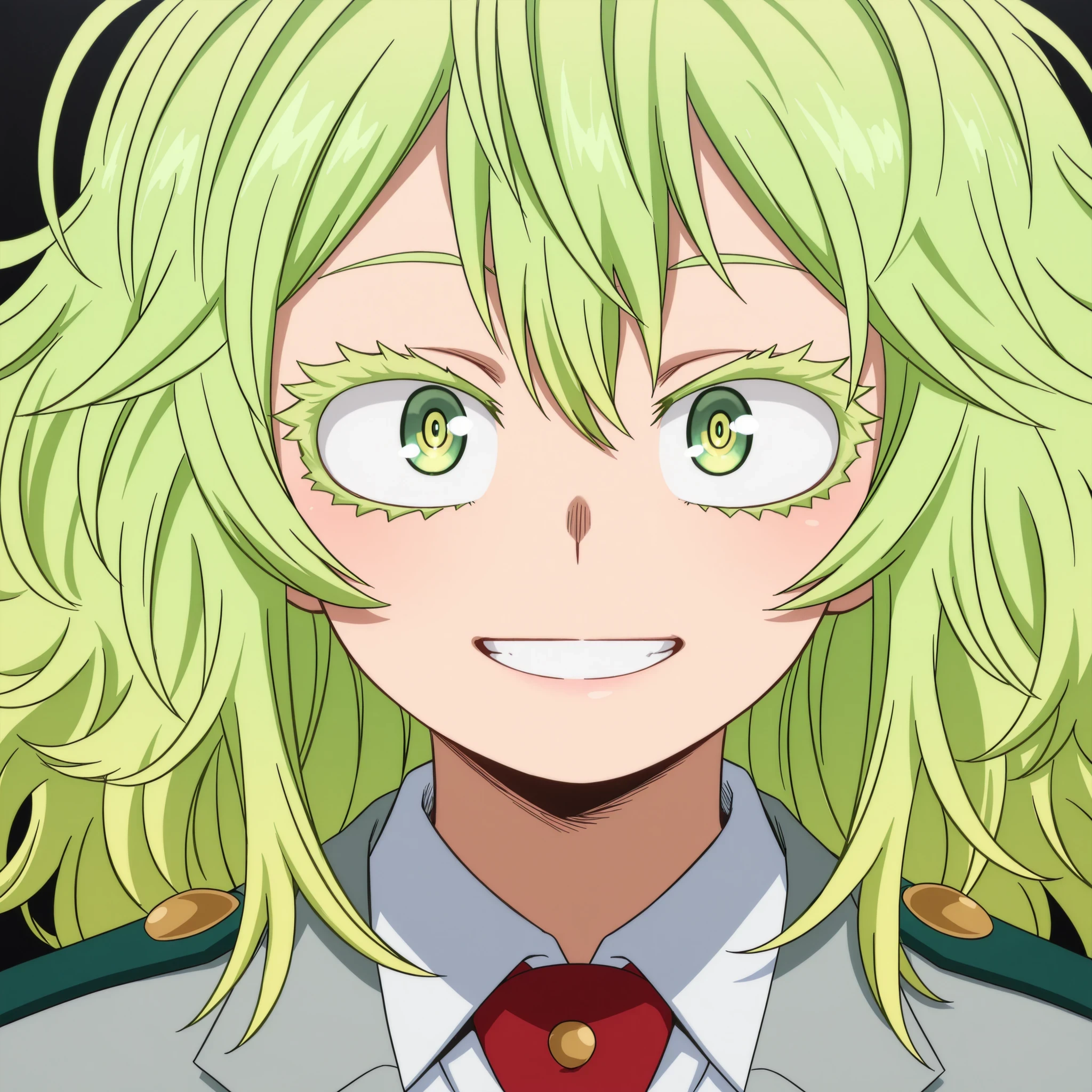 masterpiece, best quality, amazing quality, anime screencap, 1girl, solo, long hair, green hair, yellow hair, messy hair, multicolored hair, green eyes, long eyelashes, u.a. school uniform, grey blazer, red necktie, white collared shirt, (face focus), potrait, close-up, light smile, grin, simple background, black background, looking at viewer, straight-on, looking at viewer, boku_no_hero_academia_style