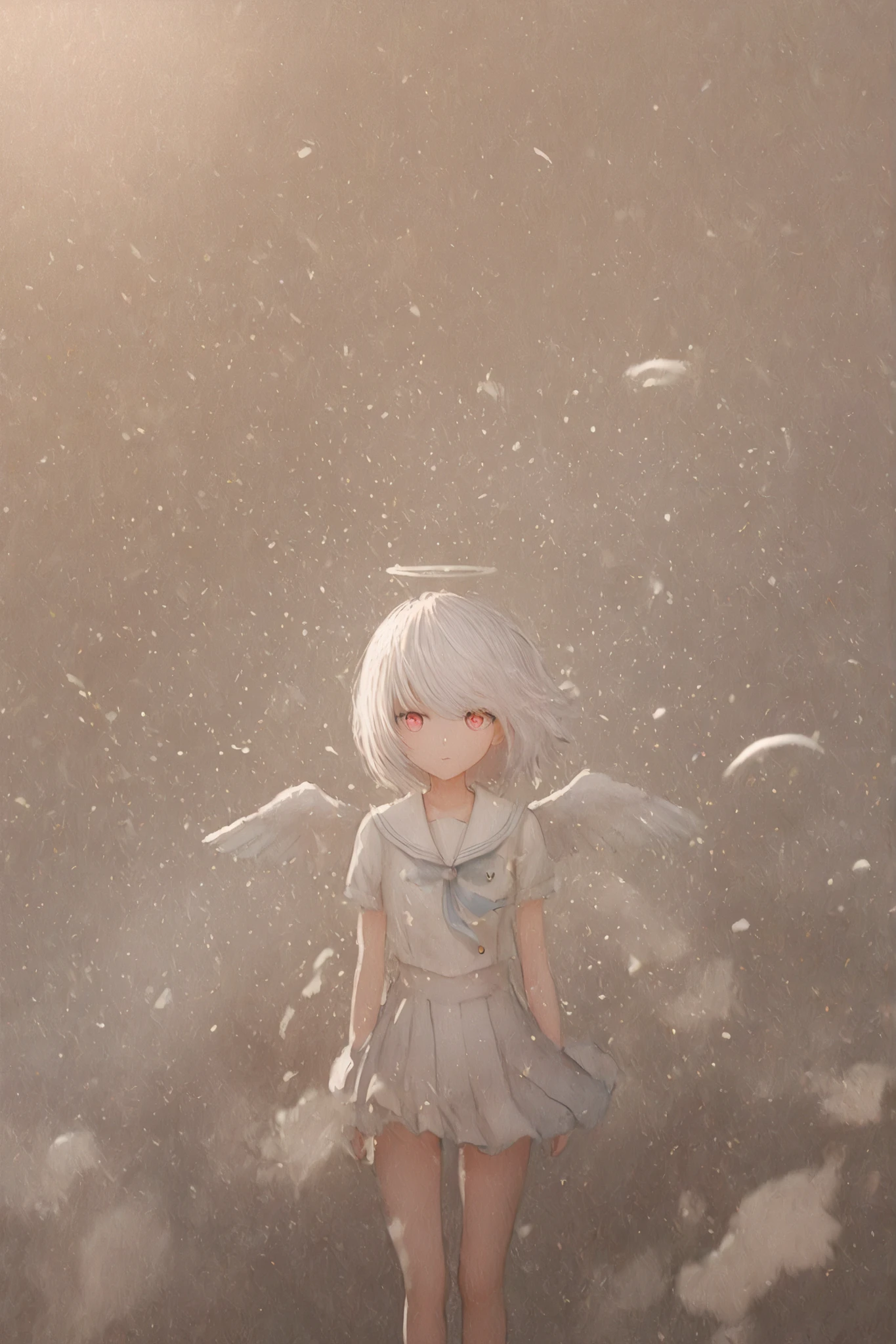 absurderes, hight resolution, (Anime style:1.1), ((masutepiece)), ((Best Quality)), (Ultra-detailed), (Beautiful), 独奏, Beautiful face、Cute little girl s,Wind,White hair、Hair long、Long、Pink eyes、Hair flutters in the wind、White sailor suit、Light blue tie、cute light blue skirt、(masutepiece、masutepiece、8K)Floating in the air(angelicales、Angel wings)(((angelicales)))(((a sailor suit)))((((Circle of Angels))))