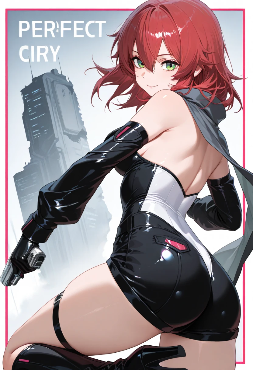 md-mech, upper body, md-mech-1girl, medium breasts, bras, see-through black Long Boxer Briefs, bedroom, upper body, 1gilr, md-mech, bras, see-through bodystockings Briefs, red short hair, md-mech, looking viewer, standing stylish, hands on hips