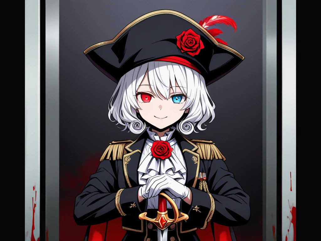 lineart,flat color, 1girl, small breasts, full body, high detailed,MRQUIN, crazy smile,( blood on face),(black background),(crazy), nsfw,
grey hair,red scarf, brown eyes, (military uniform),cat girl, animal ears, sailor collar, bangs, hair between eyes, long sleeves,