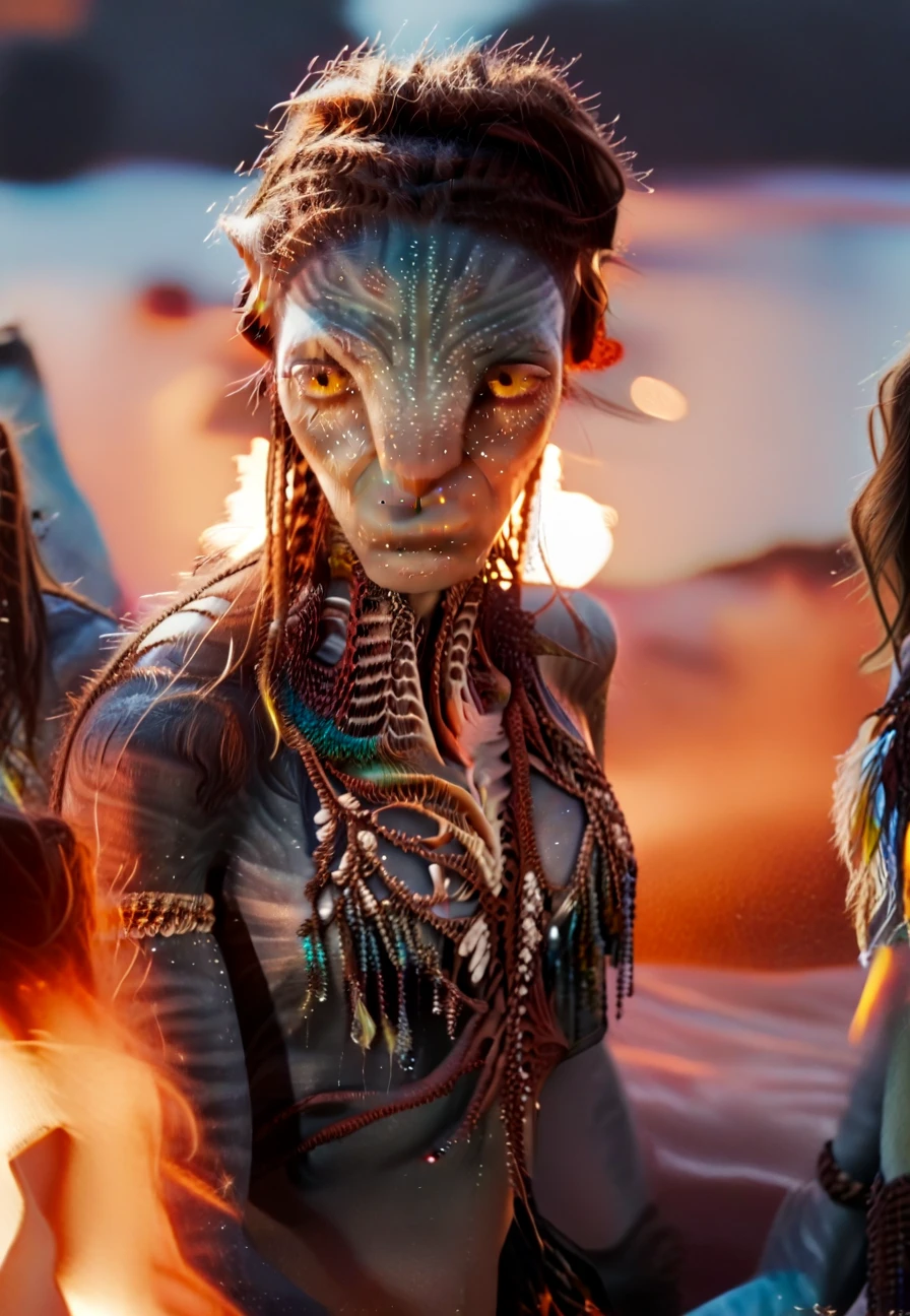 Na'vi girl with dark purple skin,With dark stripes like a tiger on the skin, Ears with peacock earrings long cat nose, red eyes, Long hair with closed and crossed braids (afro) (Completely covered body in a furry white tribal dress), best quality, perfect face (Egyptian white clothes and golden jewelry) Holding scepter, Full body, at Feetd in a grand canyon with a large lake