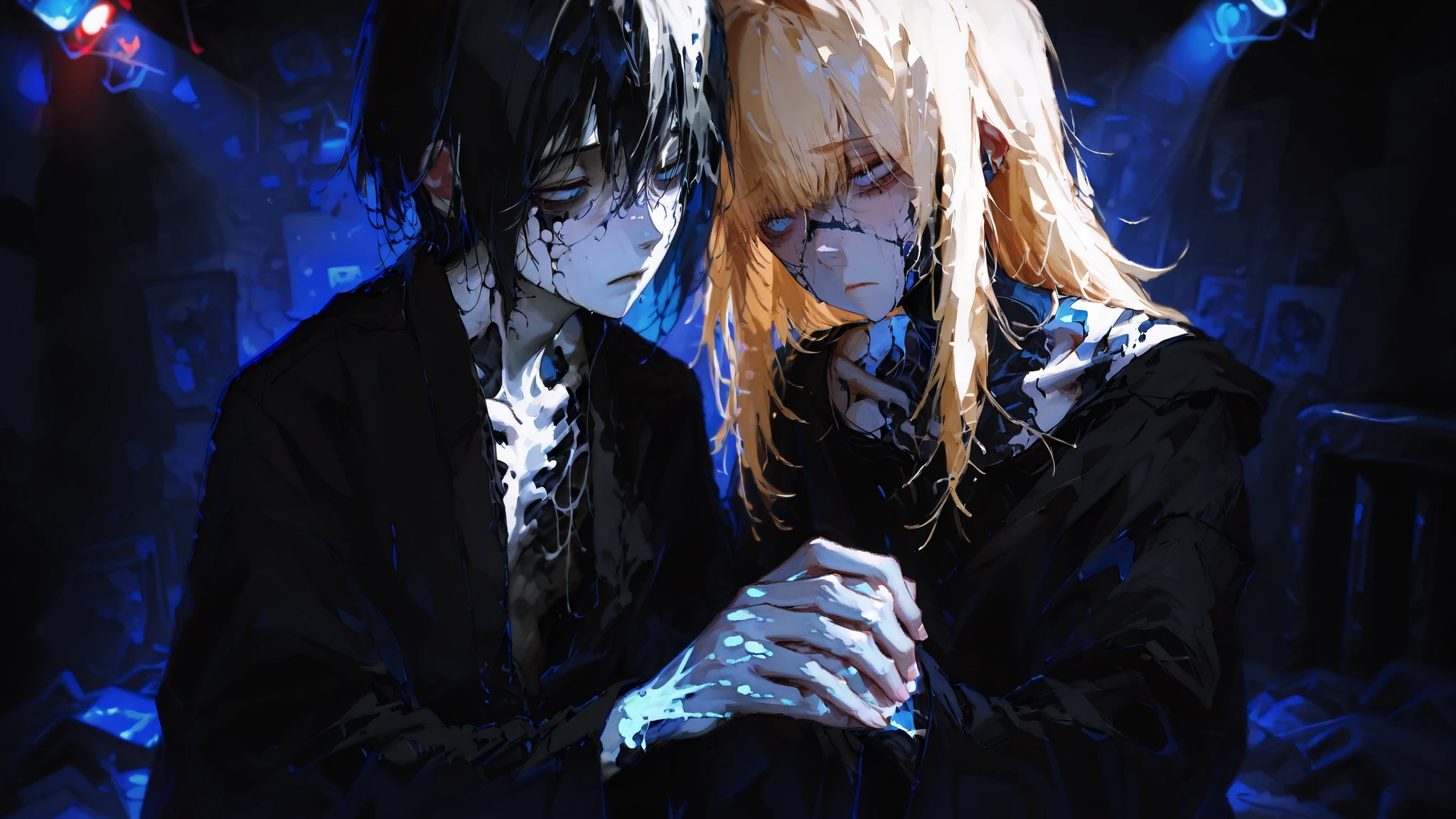 high-quality photo, ultra-detail, impeccable quality, emaciated couple holding hands, pale skin, protruding cheekbones, long blond hair both, deep blue eyes with dark circles, Sharp facial features , sad glances at each other, loose black clothes , dim lights, empty room, cool tones