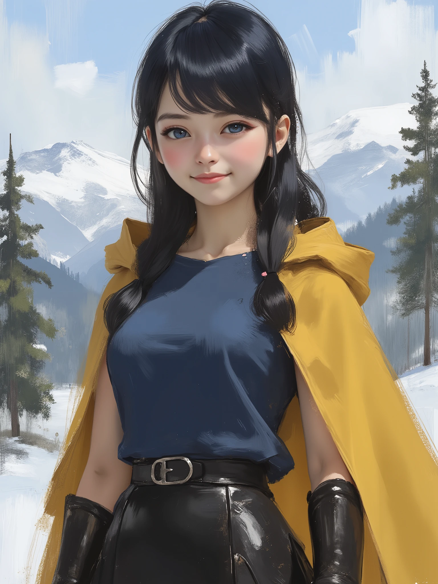 sketch painting, marinette Dopanchan, niji style, A very beautiful and cute 22 year old woman with a slight smile. (((Shy smile))), sharp focus on the face, (((Extremely detailed ice-blue western eyes, beautiful eyes, beautifully detailed eyes))), (((delicately detailed thin pink lips))), (((long hair, shiny hair))), (((Yellow Stagshorn medieval steampunk style cape))), (((Sapphire blue medieval steampunk style sleeveless t-shirt))), (((Black medieval steampunk style leather warrior pants))), (((full body view))), (((the background is a snowy mountain range with three maple trees))). Cinematic lighting, soft depth of field, (((masterpiece/high resolution/Best Quality/top quality/high quality/UHD/16k quality))), sharp focus, no blur, film grain, bokeh.