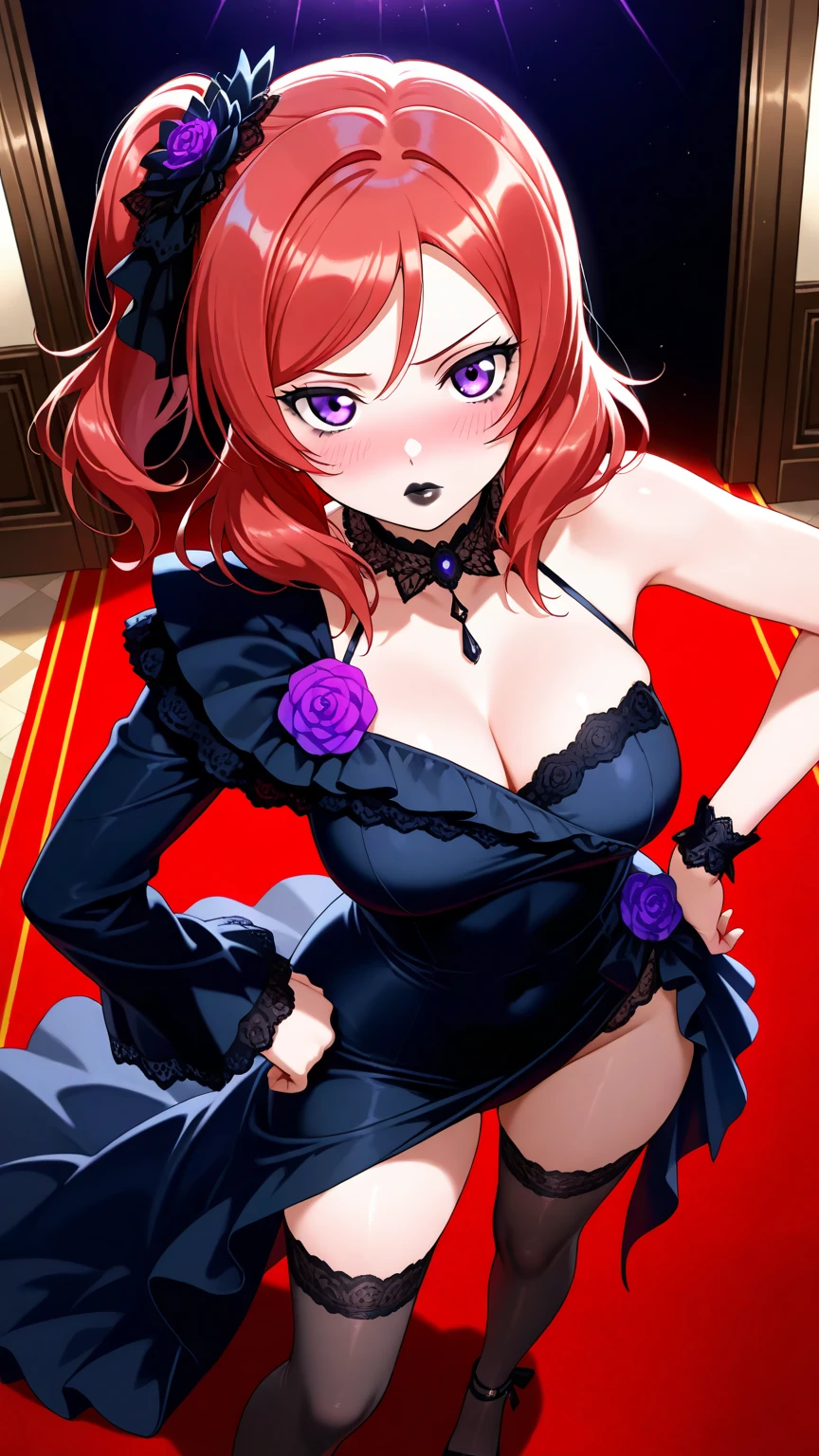 <lora:Priscilla9:1>, PriscillaBarielle, 1girl, black_flower, black_gloves, black_rose, blonde_hair, blue_gemstone, braid, braided_bangs, breasts, bridal_gauntlets, cleavage, dress, elbow_gloves, flower, folding_fan, gem, gloves, hand_fan, holding, holding_fan, indoors, long_hair, looking_at_viewer, medium_breasts, red_dress, red_eyes, rose, smile, from_behind, looking_back