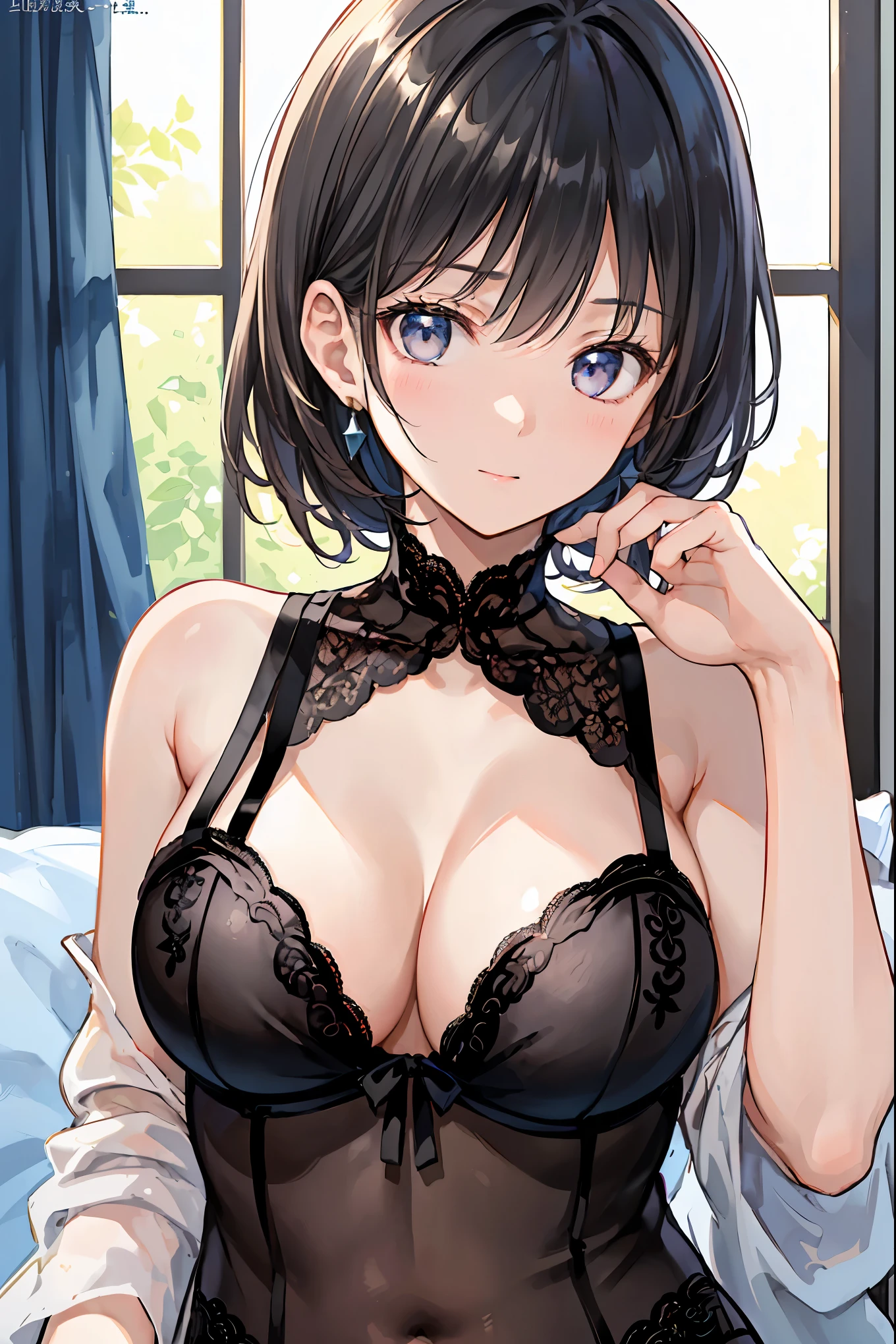 (masterpiece:1.3, Highest quality, Ultra-high resolution, Super detailed), (Realistic, photoRealistic:1.4), Beautiful illustrations, Perfect lighting, colorful, Depth of written boundary, Beautiful detailed hair, Beautifully detailed face, Beautiful fine details, Droopy eyes、Beautiful clavicle, Beautiful body, 美しいLarge Breasts, Beautiful thighs, Beautiful feet, Beautiful fingers, View Viewer、Front view:0.6, Beauty1人, Japanese, Beauty、30 years old, Perfect Face, (Perfect Anatomy, Anatomically correct), Cute and symmetrical face, Baby Face, , Shiny skin, (Sexy Lingerie:1.4) 、(Dark brown hair, Updo Hair:1.4), braided bangs、Dark brown eyes, Large Breasts, Slim body, necklace, Small earrings:1.1, (Beautiful views),(night),( A luxury hotel room),Sexy pose on the bed、 A soft smile、(Smile, Lips parted),