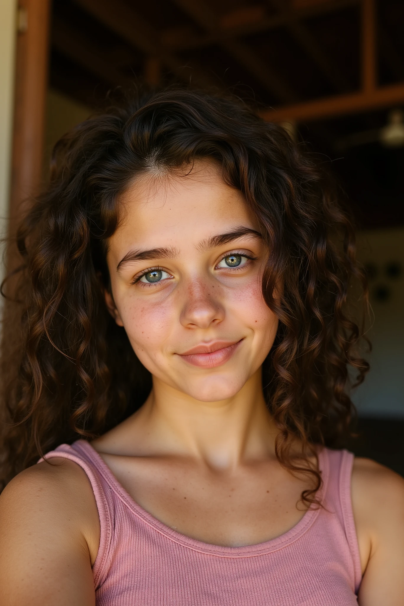 Preteen girl takes a selfie for her social media; the quality of the selfie is normative. Skin imperfections, Rough skin texture, natural blemishes, fbphoto_style, fbquality, fbphoto, very curly dark brown hair, dark blue hazel eyes, round pupils, young, 13 years old, no make-up, natural look, young looking, background is a horse pasture, 14 year old girl with very curly hair, skinny, petite, 4k resolution, hd, absurdly detailed, realistic skin texture, imperfect skin