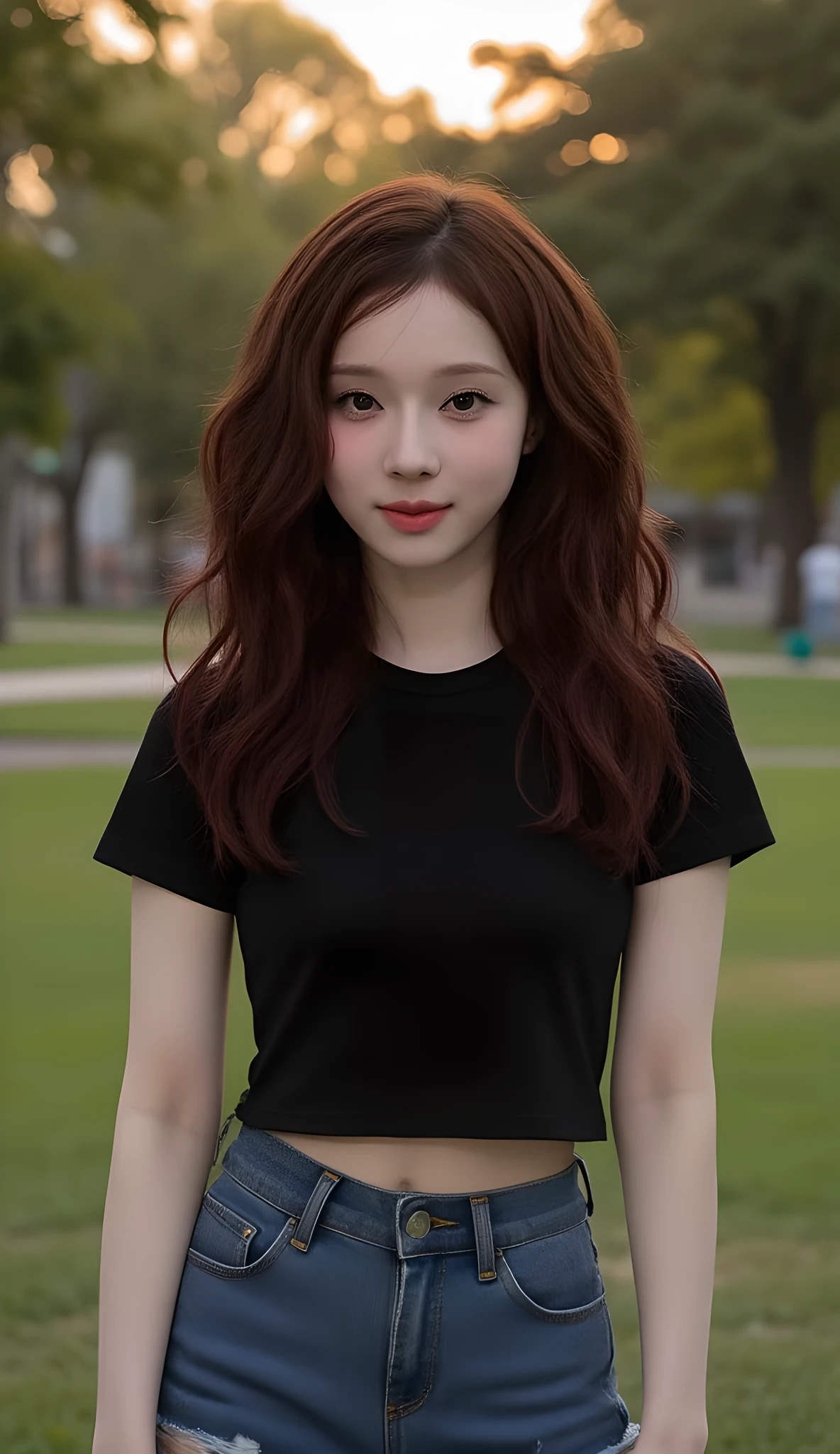 creating a photo of a young woman with wavy dark hair for a magazine , white skin. She's wearing a plain black cropped t-shirt、、 I'm wearing oversized thick jeans that have been distressed . Her expression is kind , soft , The point of view of a gentle smile . The background is a park at dusk . The romantic vibe enhances her appeal、Background is wood々In a park lined with 、I can see a beautiful sunset , Flashes of light with her silhouette Makes the hair stand out 、It increases the focus on her、Increase the focus on her 、focuses on her delicate features. Use of Software, natural light, 、