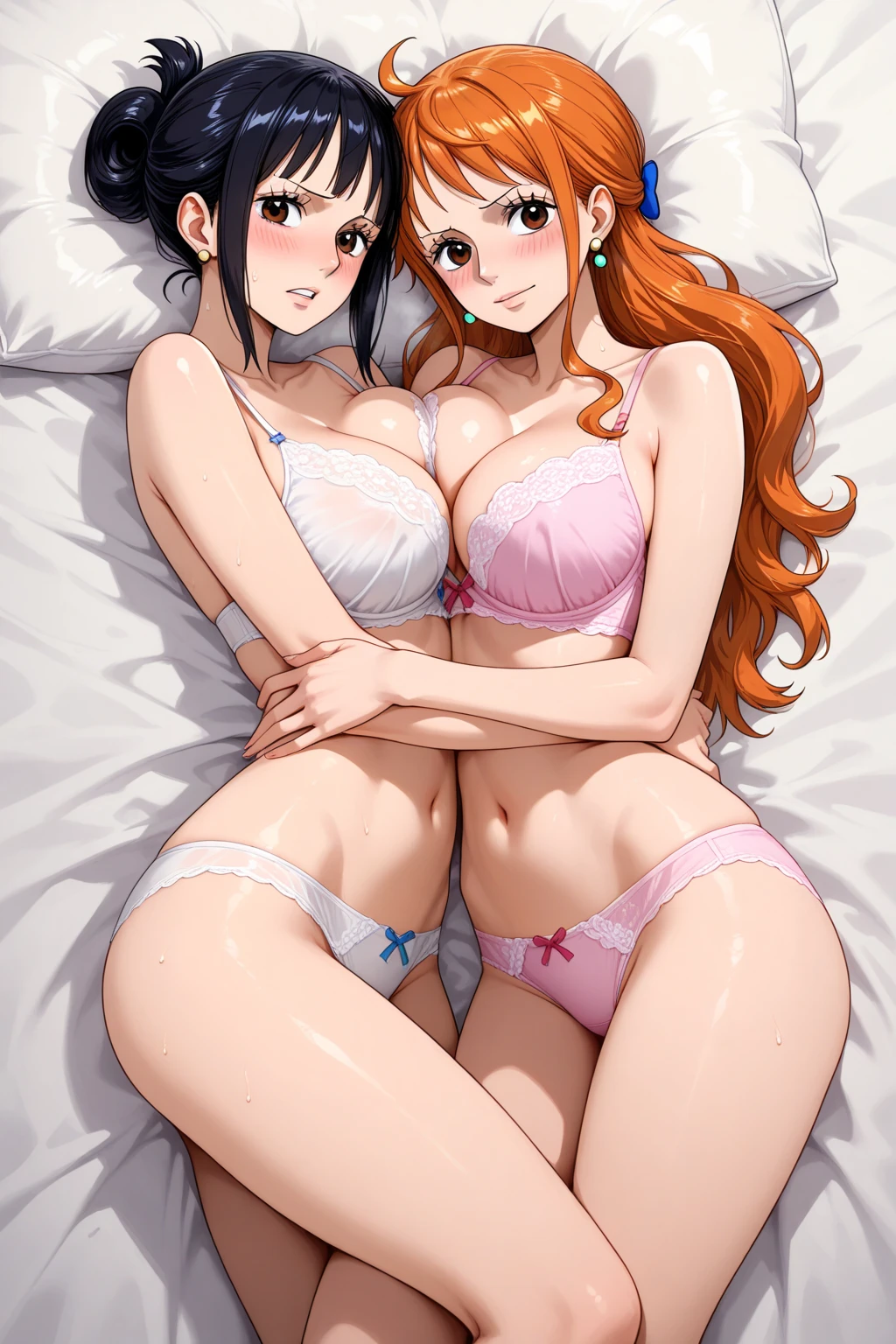 ((ultra-detailed)), ((anime screencap)), 2girls, nude, legs entangled, lesbian sex, fingering, tribadism, ((perfect hands:1.2)), 8 fingers, in seaside bedroom
AND ((ultra-detailed)), ((illustration)), 2girls,  nico robin:1.4, nude, legs entangled, lesbian sex, fingering, tribadism, black hair, blue eyes, ((perfect hands:1.2)), 8 fingers, in seaside bedroom <lora:nicoRobinOnePiecePreAnd_preTimeskip:0.5>
AND ((ultra-detailed)), ((illustration)), 2girls, nami \(one piece\):1.4, nude, legs entangled, lesbian sex, fingering, tribadism, orange hair, brown eyes, nami pinwheel shoulder tattoo, ((perfect hands)), 8 fingers, in seaside bedroom <lora:namiOnePiecePreAndPost_postTimeskip:0.45>
AND ((ulta-detailed)), ((illustration)), ((nami \(one piece)\ shoulder tattoo:1.4)), ((((thin blue lines)))), asymmetrical pinwheel, blue ink <lora:namiOnePiecePreAndPost_postTimeskip:0.45>