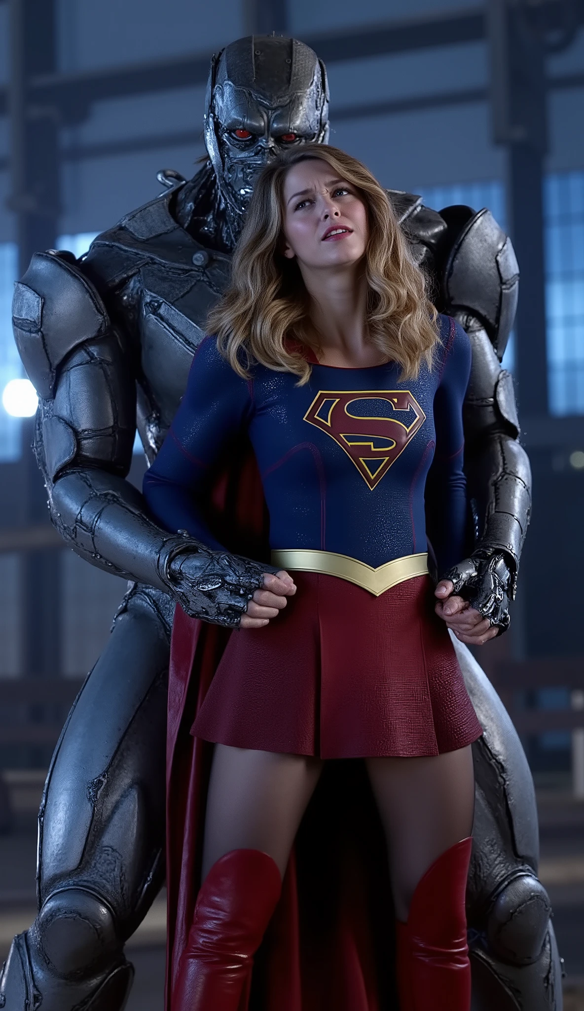 Melissa Benoist as Supergirl, (a very short skirt), both arms behind her back, she is locking by a green lighting locking devices, she is sexual assaulted from behind by Lex Luther the robot, painful face, Supergirl is crying in pain, Lex Luther is a strong huge robot, he is hugging her neck tightly from behind, whole body from head to feet are visible, in the factory, night time, bright spot lighting,