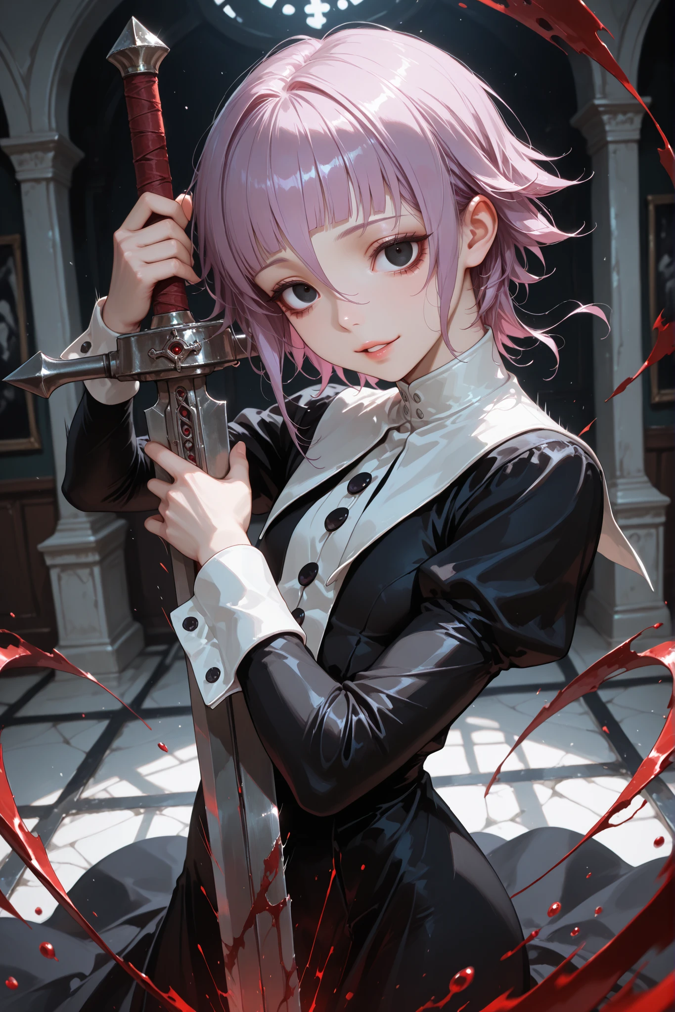crona, solo, purple hair, short hair, black eyes, white collar, black dress, long sleeves, long dress, wrist cuffs, good anatomy, standing, detailed background, looking at viewer, holding a large sword, sword drawn, sword slash motion, bloody blade, detailed hands, cinematic angle, motion lines, motion blur, motion effect, dynamic pose, action shot, parted lips, psychopathic smile, close up, provocativ, top quality, masterpiece, ultra detailed, very aesthetic
