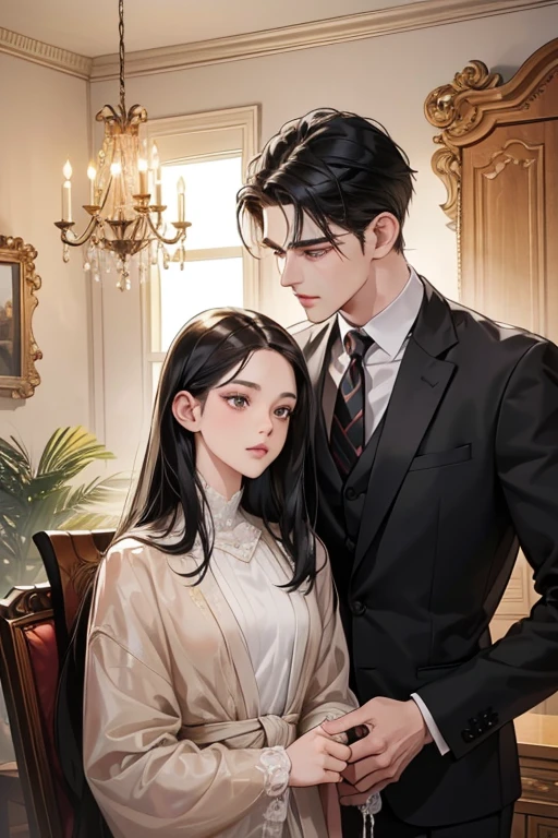 (Tabletop, Digital Art, Digital Illustration, 4K, 8K, Very detailed, Beautiful images, Clear images, Realistic, RAW Photos, Perfect Face, Perfect Lines, Perfect Eyes, Soft lighting) 1 female, (Long black hair,Straight hair,Bullish view,Beautiful woman,Man in suit,Apply makeup thoroughly,Girl,:1.3),secretary, Two handsome men in suits, (human,Man in suit,Muscular,Strong shoulder width, human,Boyish hairstyle,English gentleman;style,A man in his 30s with a cool expression,A 28-year-old man with a bright smile:1.2),Red sports car、drive、ride in a car、Couple,(1 boy, a boy is grabbing girl’s breasts :1.3),Pink Rose