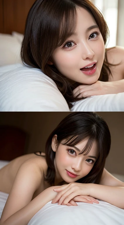 Sexy beautiful wife、Hotel Bed、plump mature woman、Lie down in bed、smile、High definition、4K resolution、Gloss、Photorealistic、