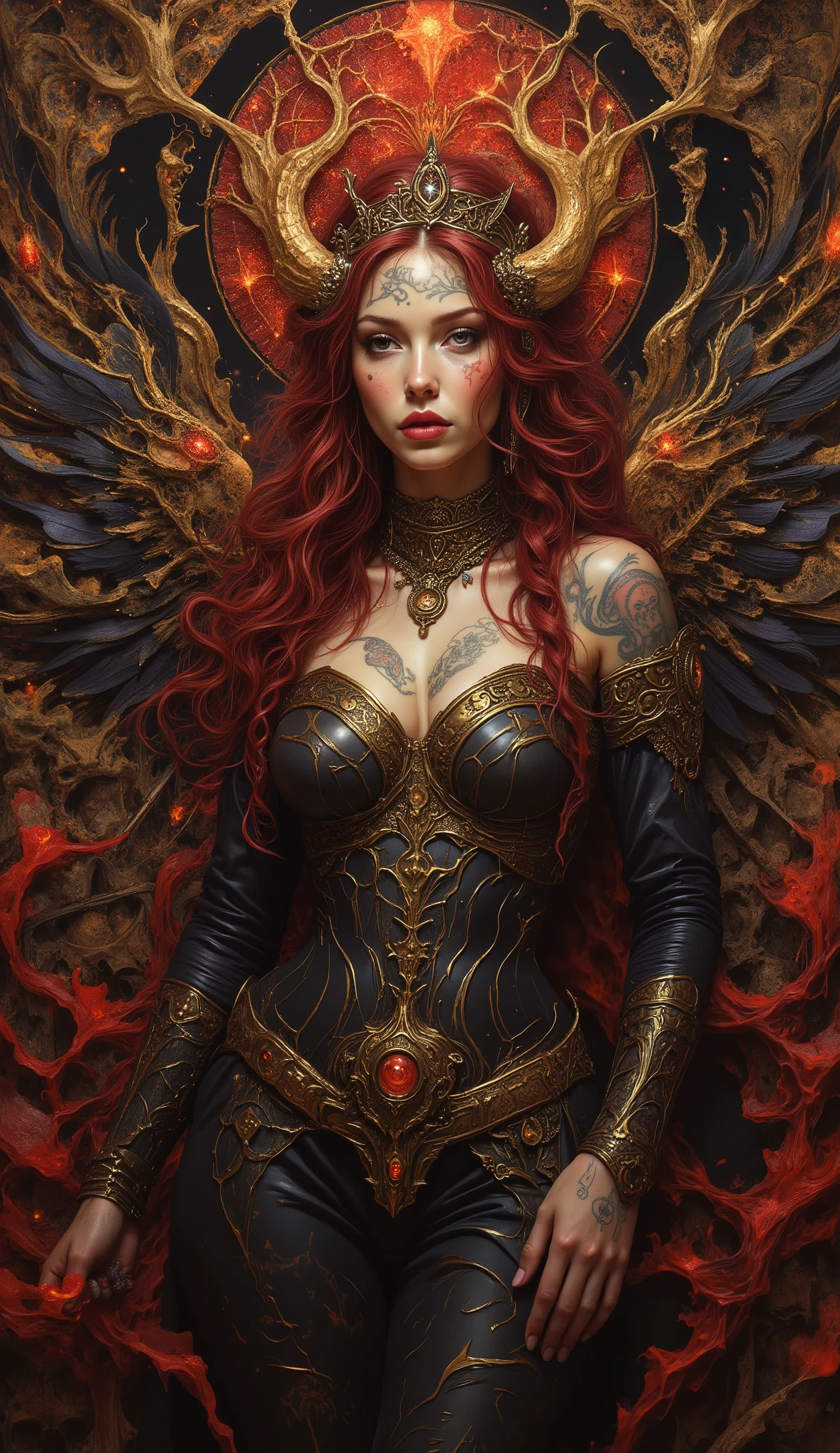 The image is a photograph of a scene in the ossuary, or bone chapel, at the Sedlec Ossuary in the Czech Republic. The scene is densely packed with human skulls and bones, arranged in intricate patterns and structures. Seductively posed amidst bone art of the dead and surrounded by a aura of darklight we zoom in to a half body portrait of a striking woman of vivid beauty and terrifying self-possession, she has monstrous raven wings, beautiful succubus, fallen archangel, raven winged female vampire baroness, Duchess of Hell, gothic fantasy art, Captain-Commander of Hell's Crimson Reavers, Deathknight , Lilith The First Vampire, fantasy dark art, demoness, gothic maiden of the dark, succubus | medieval, goddess of wrath, want to create a tableau dedicated to portraying Lilith, queen of demons, first wife of Adam, first succubus. masterpiece. best quality. Aesthetic pose, perfect anatomy, gold and dark purple decorated warbraids, radiantly ironic and sinister eyes,beautiful cinematic painting, dark dramatic character, tattoos of demonic script all over body, sinister beauty, shapely tall figure, curvy lush body, a vibrantly sensual and murderous paragon of death seems a 20 year old Alexander the Great in feminine aspect, the same mad genius and presence of majesty only gods dragonslayers convey. Heroes and madmen, wizards and trickers, Violent Gods and Calculating devils and archangels of holy fire, cthonic elder horrors and Demiurges. She is a Goddess, with dark godrays crowning her glory and terrible beauty, masterpiece:1.3, perfect big breasts, beautiful hands , Glowing Skin , Face Focus , Delicate skin ), Perfect Face,depth of field,panoramic,full body shot, Realistic Portrait , exquisite five-fold ,Perfect Face 、(steam), panoramic,full body shot, , waves of layered crimson hair fastened with jewelry for armor, Sleeveless Tank Top with ample tattooed cleavage , Fit leather Dress armored in diabolically engraved bronze scales , combat boots The image