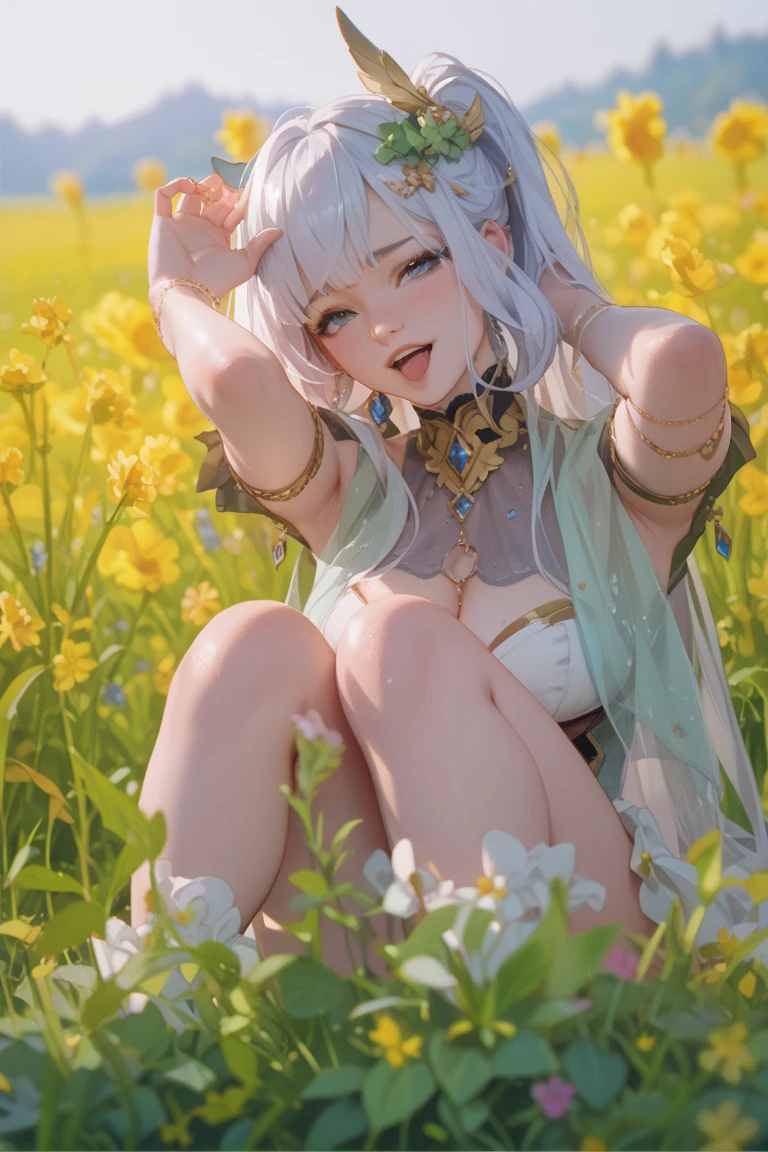 1 girl, solo, highres,  masterpiece,best quality, extremely detailed, perfect lighting, light tracing, detailed beautiful face, see-through, elf ears, white dress, <lora:TheOriginalGodNasida_:1>,nightgown, tight strap, grass,looking at viewer, extremely delicate and beautiful, depth of field,amazing,masterpiece,growth,visual impact, ultra-detailed, highly, Amazing finely detail,shiny, (fine and beautiful detailed skin:1.2),(Oil highlights:1.4)[wet with oil:0.6],(shiny skin:1.4), gorgeous,fantasism,nature,refined rendering,original,contour deepening,high-key and low-variance brightness scale, soft light,light and dark interlaced hair,full body, sitting, knees together feet apart, (closed mouth:1.2), light smile, big eyes, feet, right hand on own chest, side ponytail, green streaked hair, four-heads tall