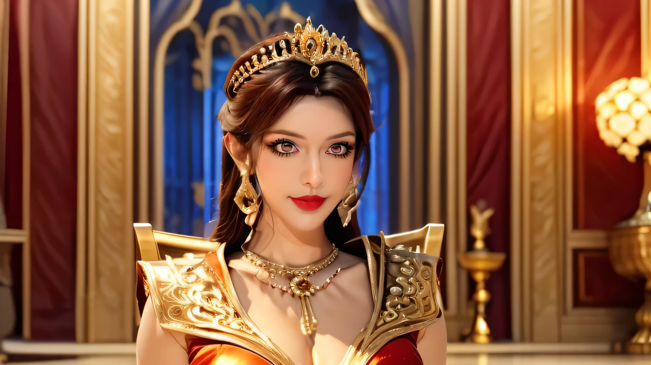 masterpiece, best quality, ultra highres,
regal Indian queen, divine aura, elaborate golden crown, multi-layered royal garments, precious gemstone jewelry, celestial glow, ornate throne room, peacock motifs, floating lotus flowers, royal guards, mystical energy effects, 3D realistic style, dramatic lighting, volumetric light beams, detailed facial features, royal posture, ancient Indian palace interior