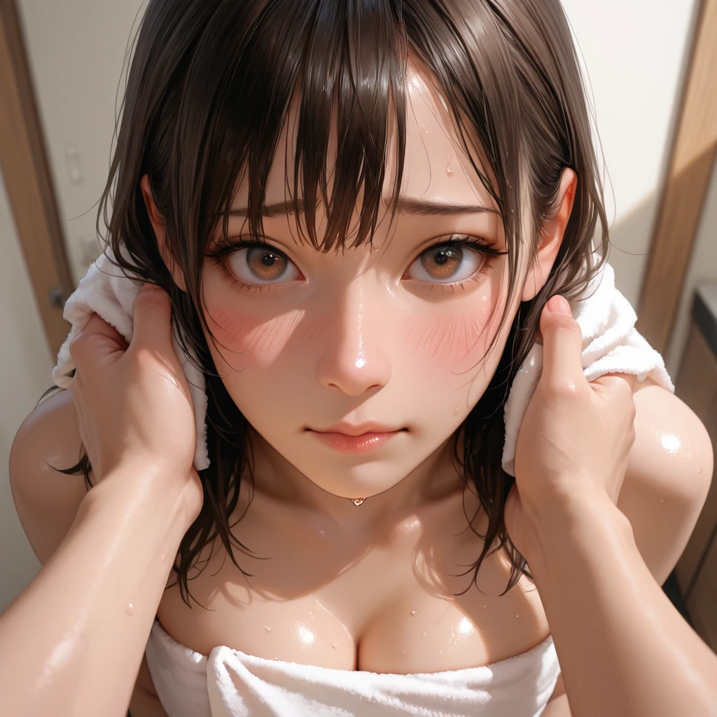 Browsing Caution,Highest quality、In 8K、masterpiece、Hmph、Ultra-high resolution、RAW Photos、(Realistic:1.3)、Natural soft light、(Written boundary depth)、thin、(whole body:1.2)、Detailed face and eyes、Realistic、Sharp pupils、Inside the warehouse、(Dynamic action poses)、Young Face、Beautiful 17 year old girl、Glowing Skin、(Shortcuts:1.5、amount:1.5)、Beautiful brown hair、Red Eye、(blush:0.7)、((Embarrassed face:1.2,blush:1.8))、Crying face:1.5、Sweat、(Completely naked:1.8)、(Thighs Thighs Thighs Thighs:0.8)、(Huge breasts:1.7)、((Top View:1.4)))、(Erect nipples:1.4)、(Small Nose、Small Nose)、((vagina、Sex:1.5、Capable person))、Attractive waist、(Overflowing sexual fluid:1.5)、((bed、bedに横たわる:1.5、Sleep on your back:1.4、Lie:1.2))、(Put your chest together:1.1、 accumulated between her breasts:1.2)、(((whole body:1.8)))、I want to see you from head to toe、There's a penis in front of my eyes