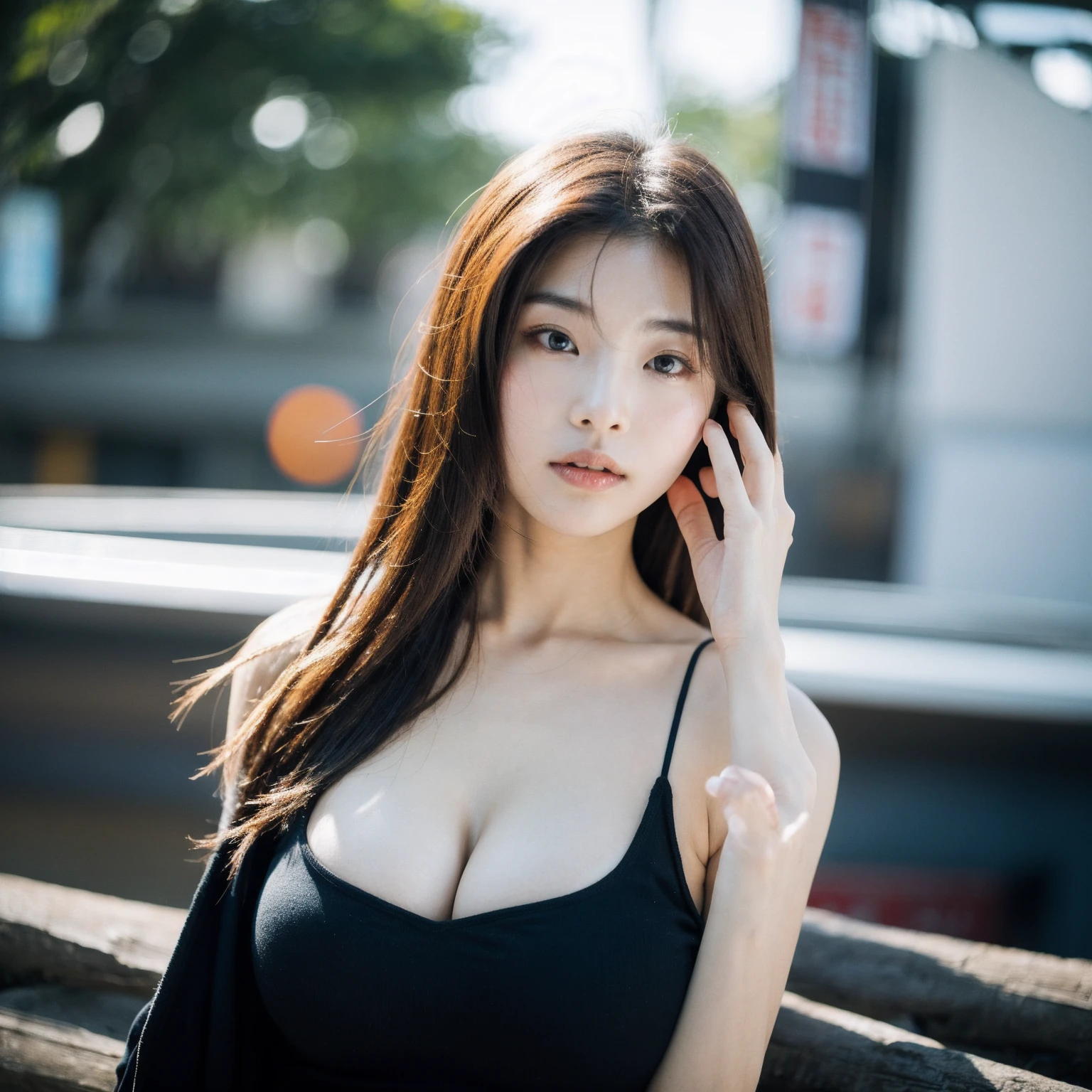 realistic, detailed, 1girl, long red hair, Japanese, asian, bangs, happy, looking at viewer, cleavage, black dress, skin detail,
city
dark theme, deep shadows,