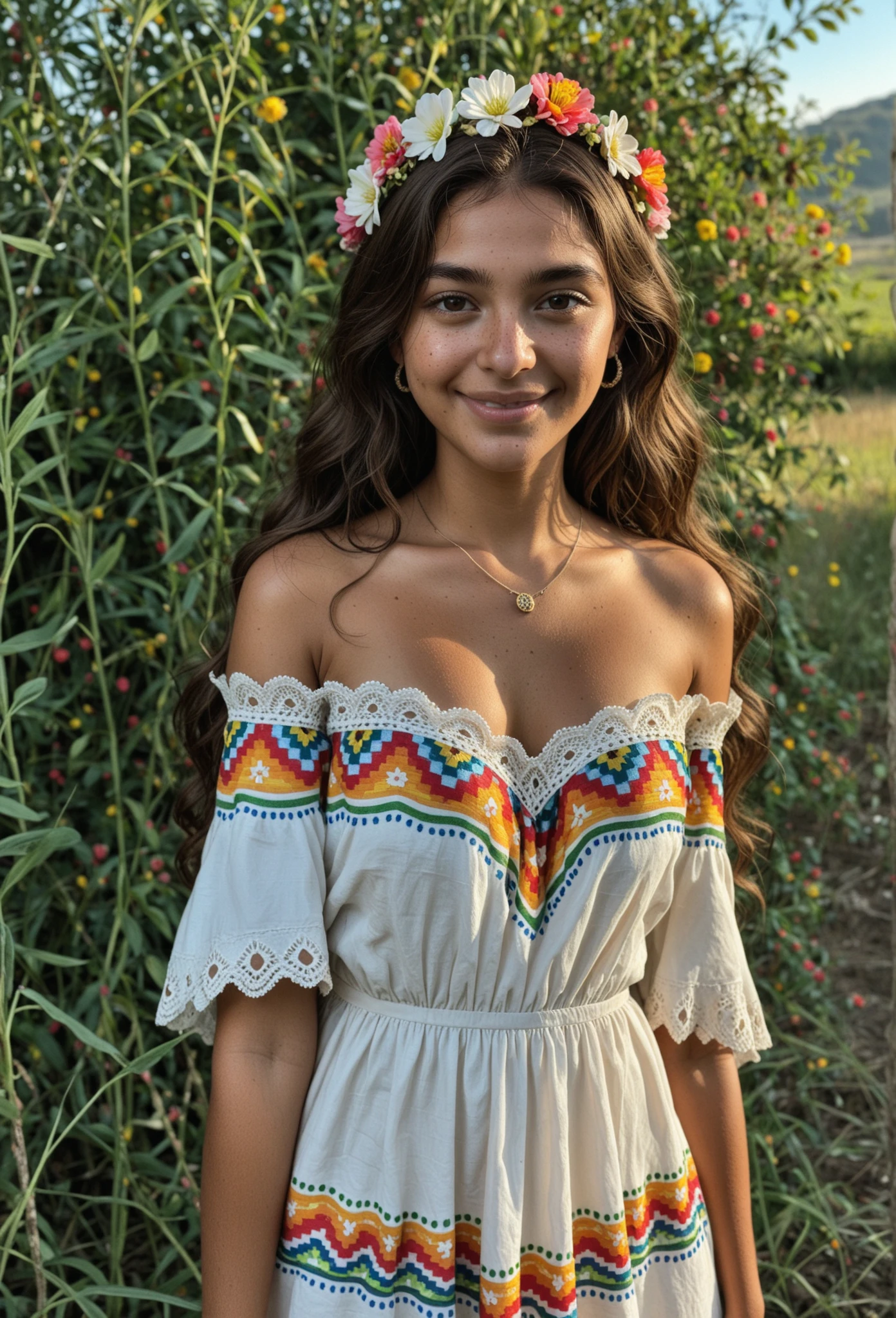 score_9, score_8_up, masterpiece, best quality, absurdres, amazing quality, ultra realistic, soft lighting, olive skin, (mexican woman), beautiful face, long wavy dark brown hair, flower crown, traditional mexican dress, colorful embroidery, off-shoulder blouse, folkloric style, ethnic jewelry, soft smile, detailed skin texture, shallow depth of field, vibrant outdoor market background, afternoon sunlight, extremely detailed skin, natural skin texture, shallow depth_of_field, blurry_background, 



Please give me this picture