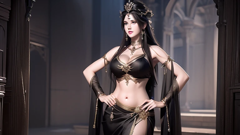 1girll,tmasterpiece,8K,4K,RTX,Shaders,brilliant texture work,Black color hair,long hair flowing,hair adornments,jewely,Separate the sleeves,Large breasts,Round breasts,Black openwork lace bra,Black openwork lace panties,Close-up of main character,(full bodyesbian:1.2),Pale body,floating crystals,