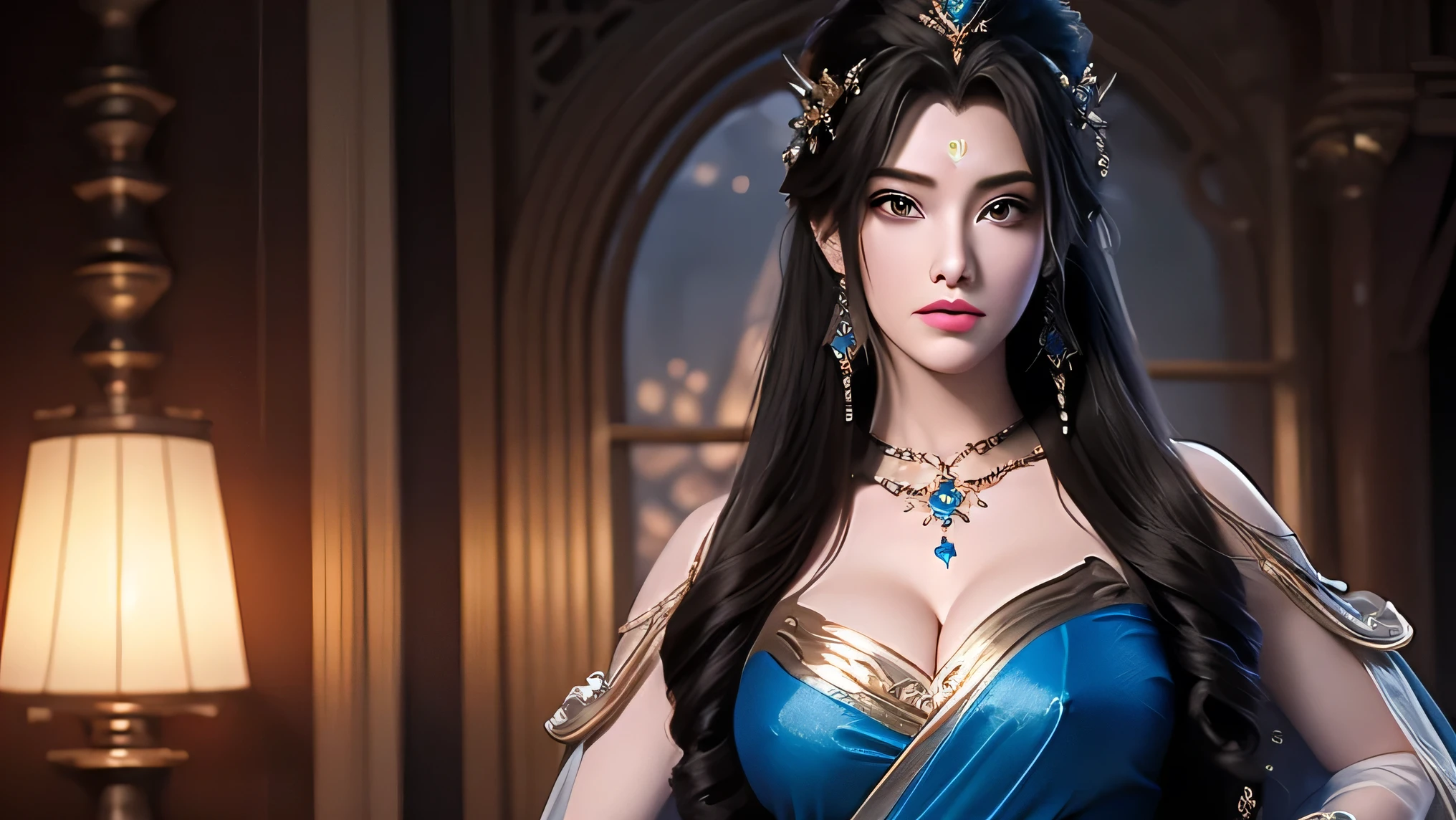 A 3d animation sence,busty woman、a woman with very long hair, 4K detail fantasy, Movie goddess , Extremely detailed photos of the goddess, Super detailed fantasy characters, of the Knights of the Zodiac, Beautiful fantasy queen with black saree, treditional saree, 2. 5D CGI anime fantasy artwork, wow 4K detail fantasy, Beautiful and elegant queen, Queen