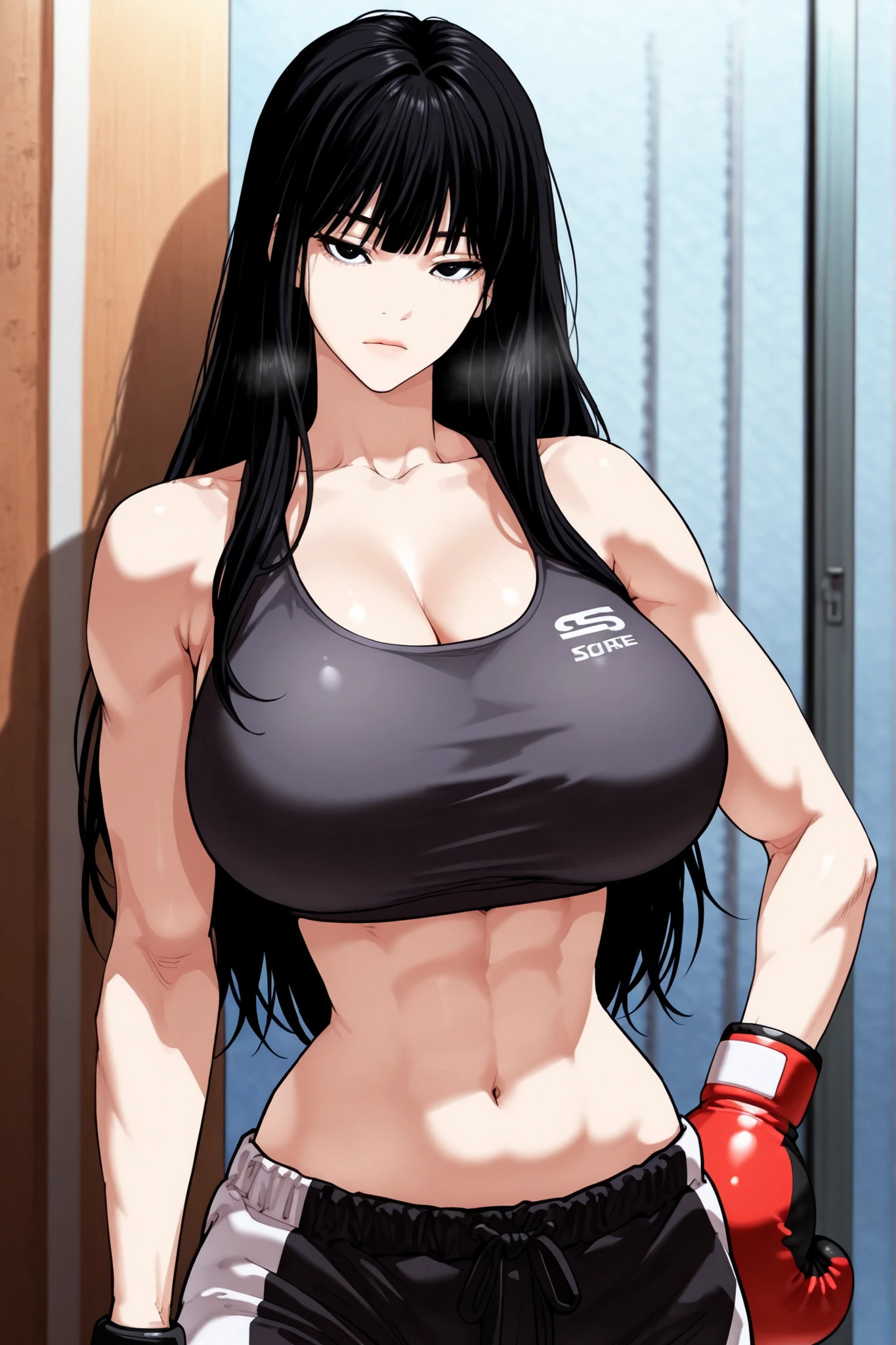 yeowool ha (yeowool ha zPDXL3, score_9_up, score_8_up, score_7_up, ,Masterpiece,(perfect female body:1.2), small waist, (incredibly detailed:1.4), (large breasts:1.4) looking at viewer, huge breasts, 1girl, Yeowool Ha, Black eyes, Black Hair, Long hair, sports bra, boxing gloves.) hot moments, emotionless faces, , lightly muscular body structure,1girl.