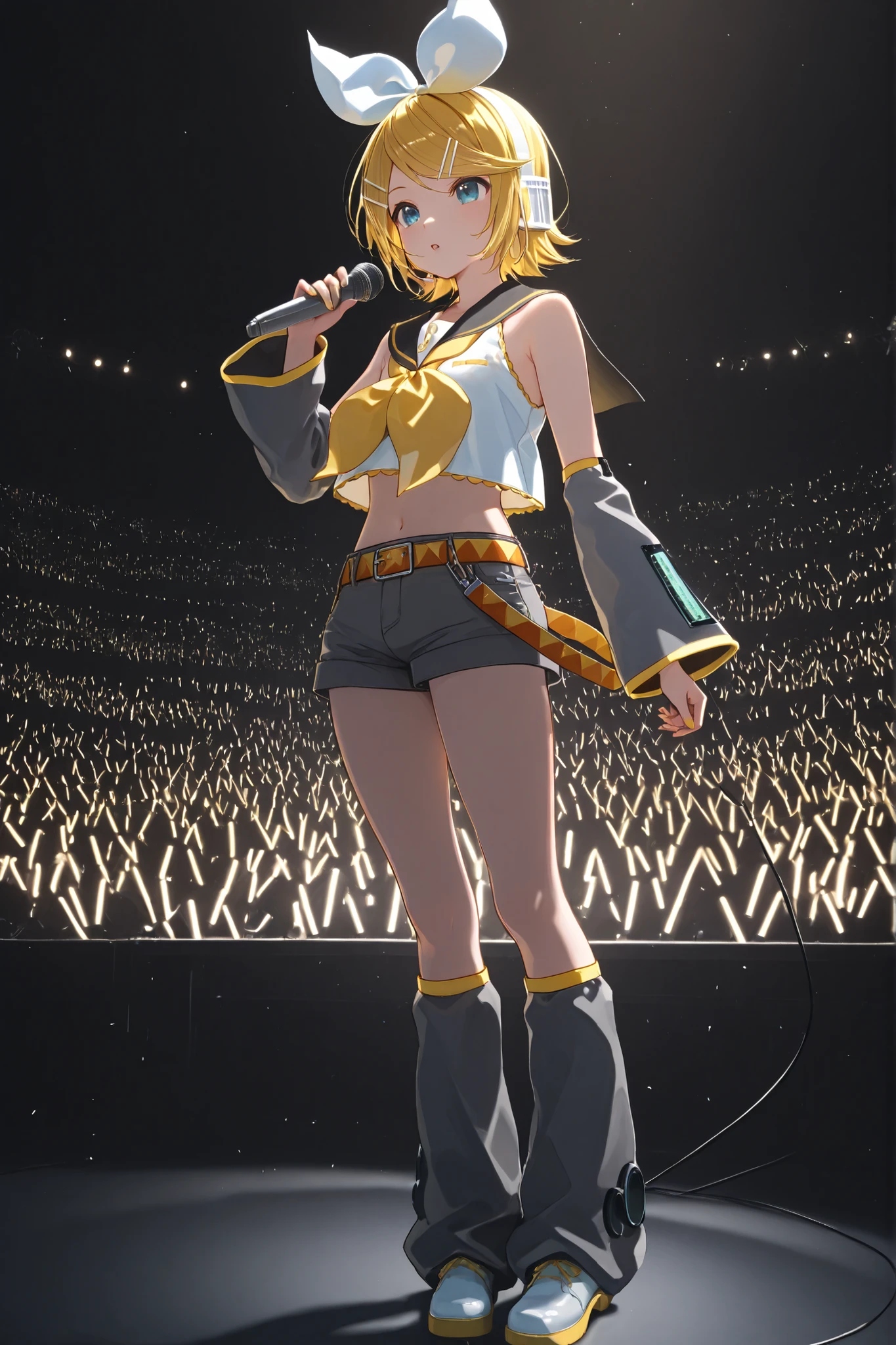 concert, glowstick, stage lights, stage, crowd, microphone,bare shoulders, belt, black sailor collar, black shorts, bow, crop top, detached sleeves, grey legwear, grey shorts, grey sleeves, hair bow, leg warmers, neckerchief, sailor collar, school uniform, shirt, short shorts, short sleeves, shorts, white bow, white footwear, white shirt, yellow neckerchief,,rin kagamine, blonde hair, blue eyes, hair bow, headset, short hair, headphones,,クール、かっこいい、