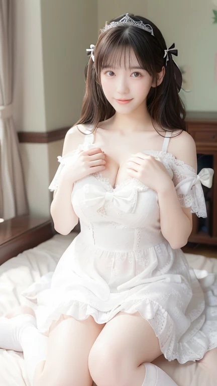 ((masterpiece)), (best quality), photorealistic, (absurdres), ultra detailed, hdr, <lora:asianGirlsFace_v1:0.4>, <lora:Party_Dress Tiered_Dress:0.6>, <lora:ClothingAdjuster3:-0.6>, <lora:add_sharpness:2>,
(from above), (aerial view:1.5), a cute girl wearing see through white (party tiered) dress lying on bed with graceful posture, jewelry, beautiful face, looking up, soft and gentle smile, messy long black hair, breasts focus, (dimly dark scene),