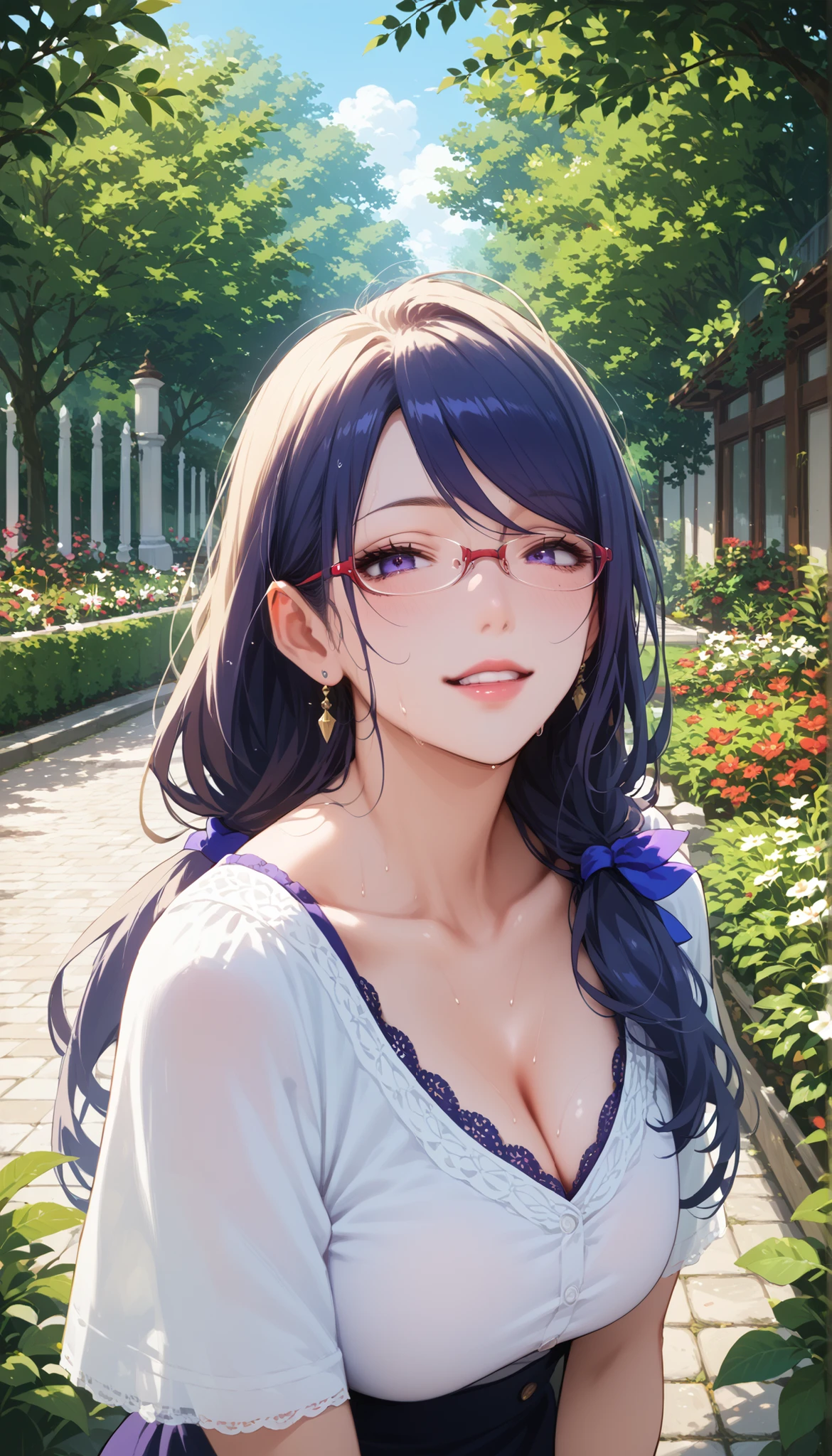 Score_9, Score_8_up, Score_7_up, Score_6_up, Score_5_up, Score_4_up, Source_anime, anime art, anime style, masterpiece, best quality, 1girl, mature woman, , , Rize Kamishiro,,sweating, looking at you, lips, , in pain face, long hair ,glasses on, casual clothes, in garden