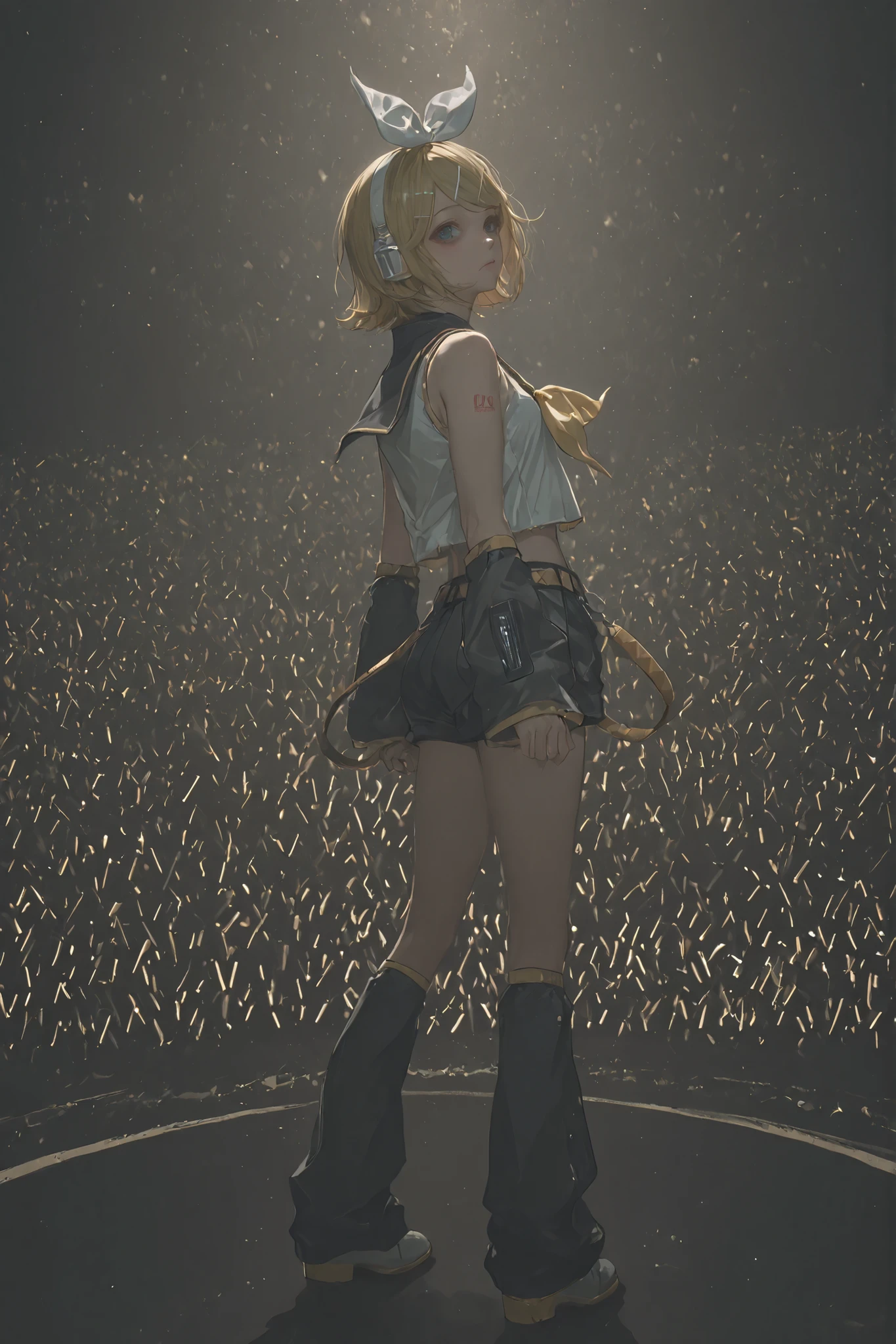 , stage, stage light, performance,bare shoulders, belt, black sailor collar, black shorts, bow, crop top, detached sleeves, grey legwear, grey shorts, grey sleeves, hair bow, leg warmers, neckerchief, sailor collar, school uniform, shirt, short shorts, short sleeves, shorts, white bow, white footwear, white shirt, yellow neckerchief,,rin kagamine, blonde hair, blue eyes, hair bow, headset, short hair, headphones,,