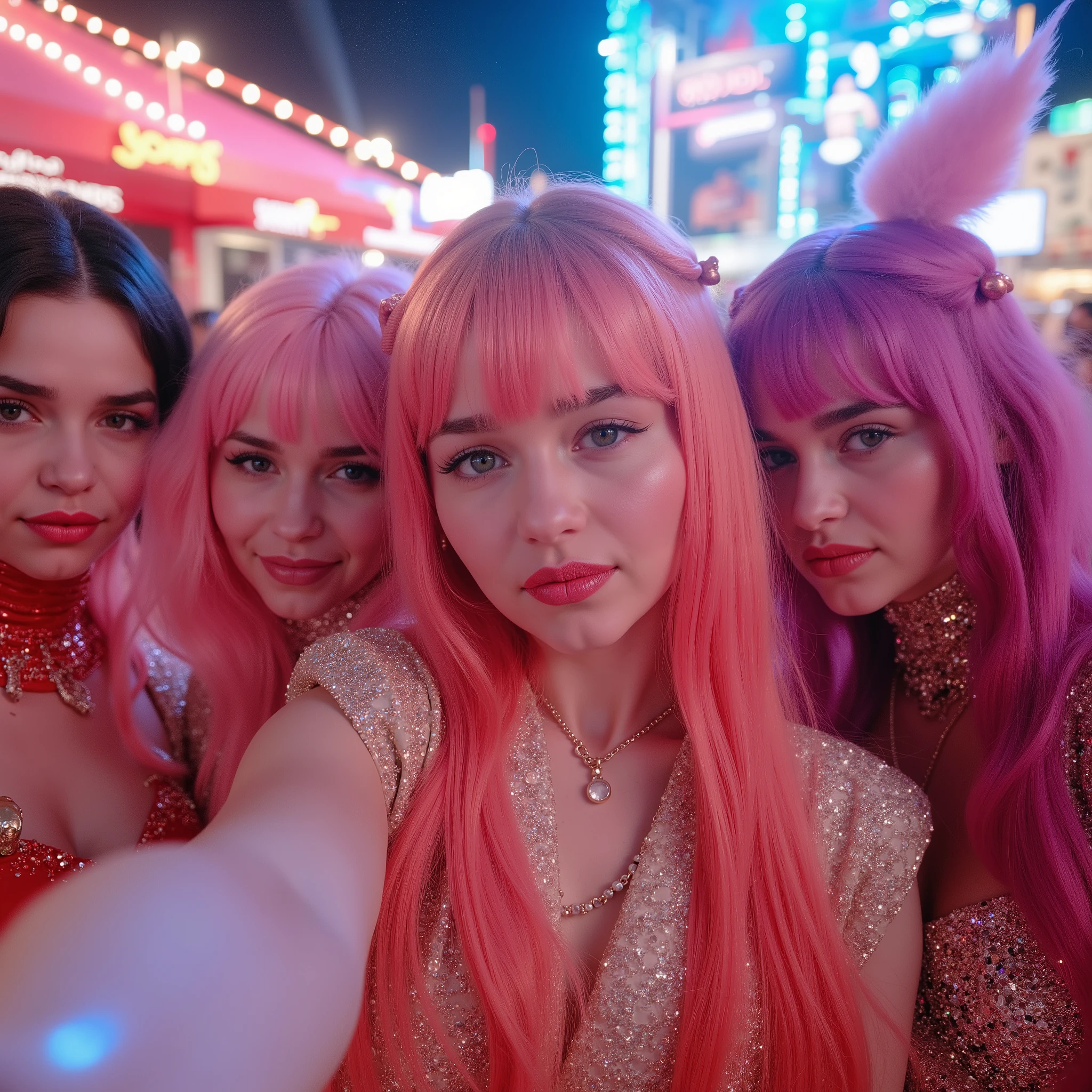  perspectiva de selfie , Cute and delicate girl with her best friends in a shiny latex trajes de cosplay. trajes de cosplay , festival.