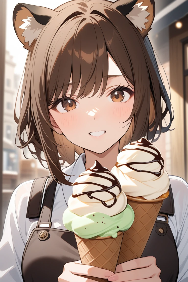 Italian girl with long curly brown hair, elegant dress sitting at a bar eating an ice cream, angular face