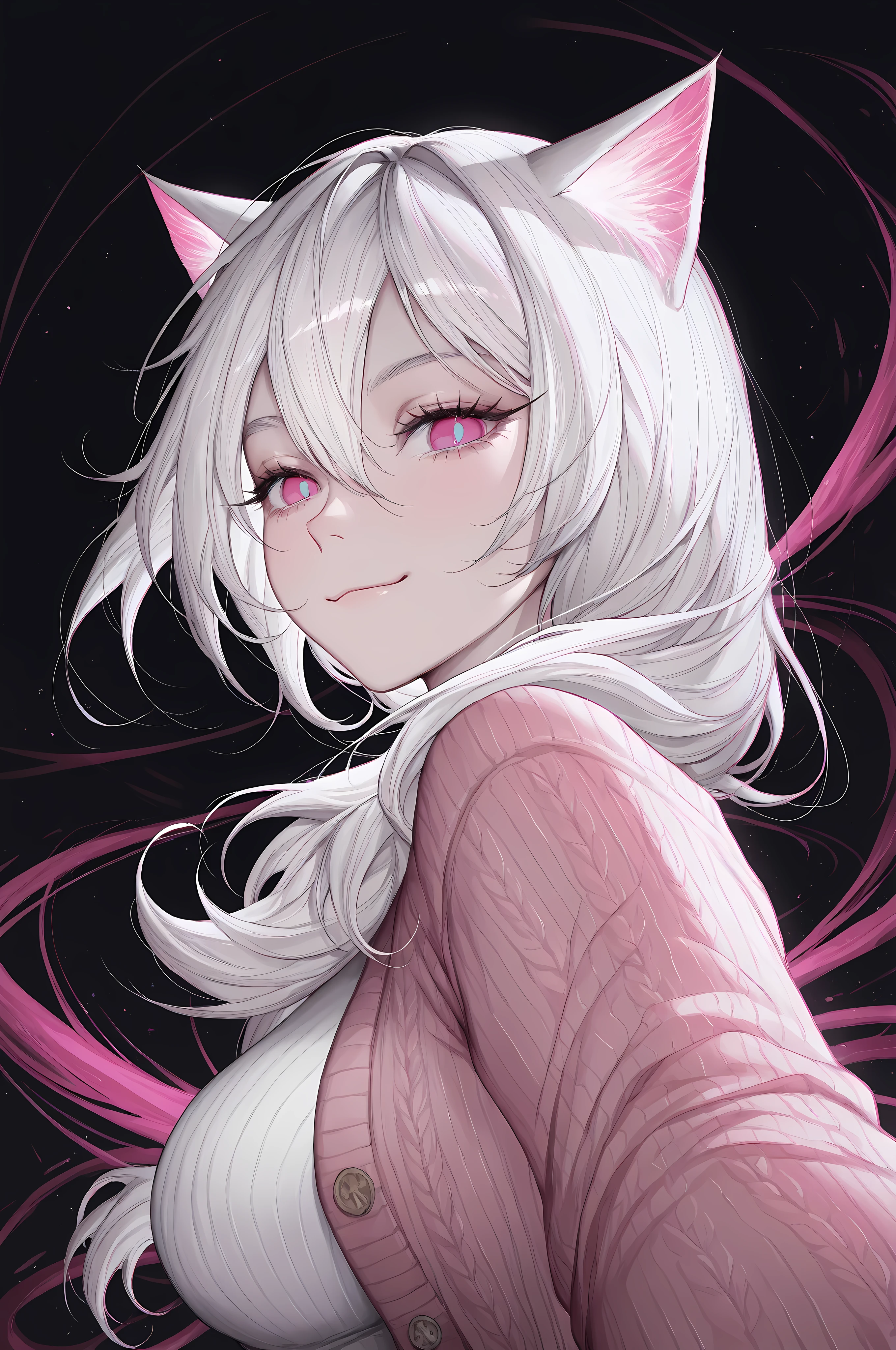 1girl, (qiandaiyiyu:0.85), (soleil \(soleilmtfbwy03\):0.6), (godiva ghoul:0.65), lazypos, , nyonku, dynamic pose, foreshortening, extreme perspective,  XUER guangying  4ur4 illu, shiny, , solo, (cat ears:1.3), asian, fan, Cardigan, smile, gentle expression, abstract, hair between eyes, from side, breasts, long eyelashes, head tilt, black background, animal ears, pink eyes, medium breast, white hair, closed mouth, looking at viewer, red pupils, upper body, from below, long bang, medium breasts, hair over shoulder,