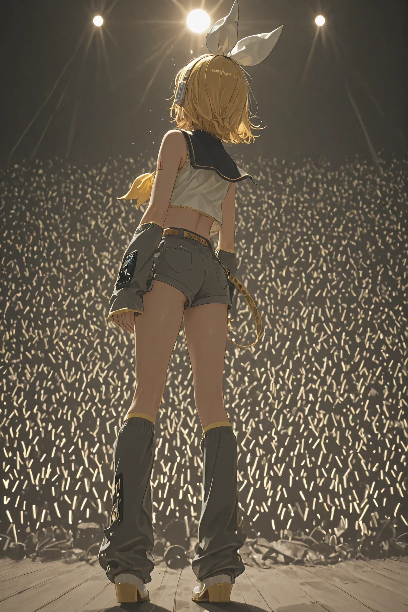 , stage, stage light, performance,bare shoulders, belt, black sailor collar, black shorts, bow, crop top, detached sleeves, grey legwear, grey shorts, grey sleeves, hair bow, leg warmers, neckerchief, sailor collar, school uniform, shirt, short shorts, short sleeves, shorts, white bow, white footwear, white shirt, yellow neckerchief,,rin kagamine, blonde hair, blue eyes, hair bow, headset, short hair, headphones,,