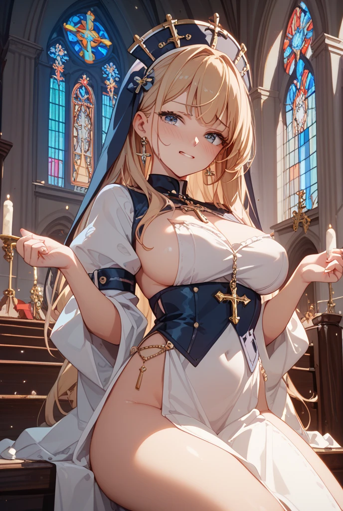 ((Nun:1.1)),((Gangbang:1.0)),masterpiece, Gray Hair,highest quality,Very detailed, Dynamic Angle, ((Perfect hands)), Fine shiny skin, Thinning hair, Beautiful Eyes, Great background, meaningful background, Absurd background, artistic overlay,The style is surrealism, Cinema Lighting, Ray Tracing,Sacred Light, perspective:1.0,((Obscene body))
,(At church),(orgasm:1.1),(Ecstasy:1.1),(tears:1.0),(Wet pussy:1.2),(Breasts spilling out of the bra:1.3),(At church),(Sweat:1.1),(Lace panties:1.3),(Huge breasts:1.1),((Slit long skirt:1.0)),((Very tight shirt:1.2)),(Gold decoration:1.2),