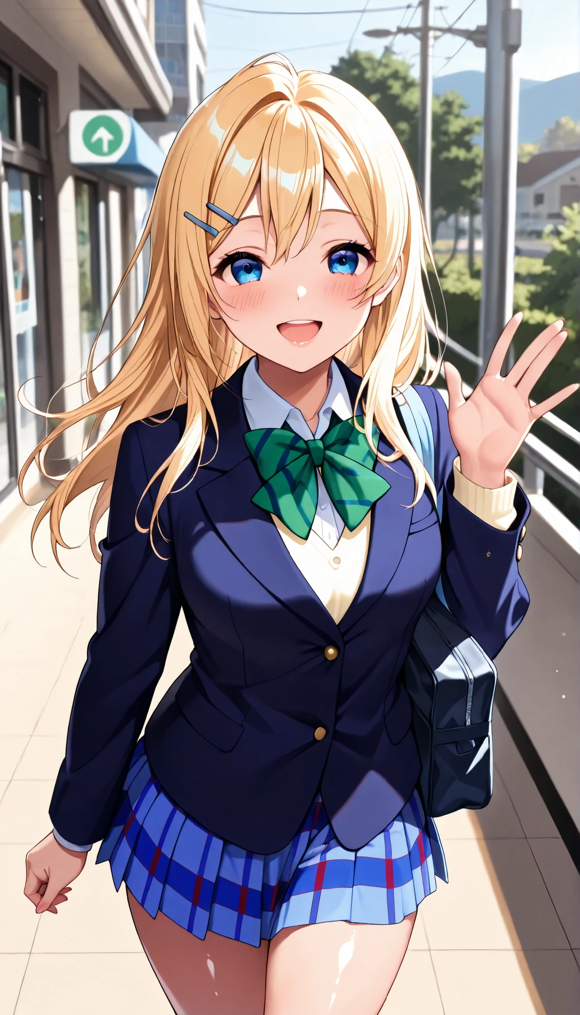(masterpiece,ultra-detailed,best quality,score_9, score_8_up, score_7_up, ),(perfect-composition,detailed beautiful face,Clean skin,shiny skin,shiny hair, photographical hair,ultra detailed eyes,shaved,kawaii,uncensored:1.1), solo,{ayase_arisa_lovelive:1.15}, blonde_hair, blue_eyes, long_hair, hair_ornament, blush, hairclip, smile, otonokizaka school uniform,winter uniform, green striped bow tie, navy blue blazer, blue striped skirt, open mouth,glossy lips,walking, school commute,waving,morning, from front,cowboy shot