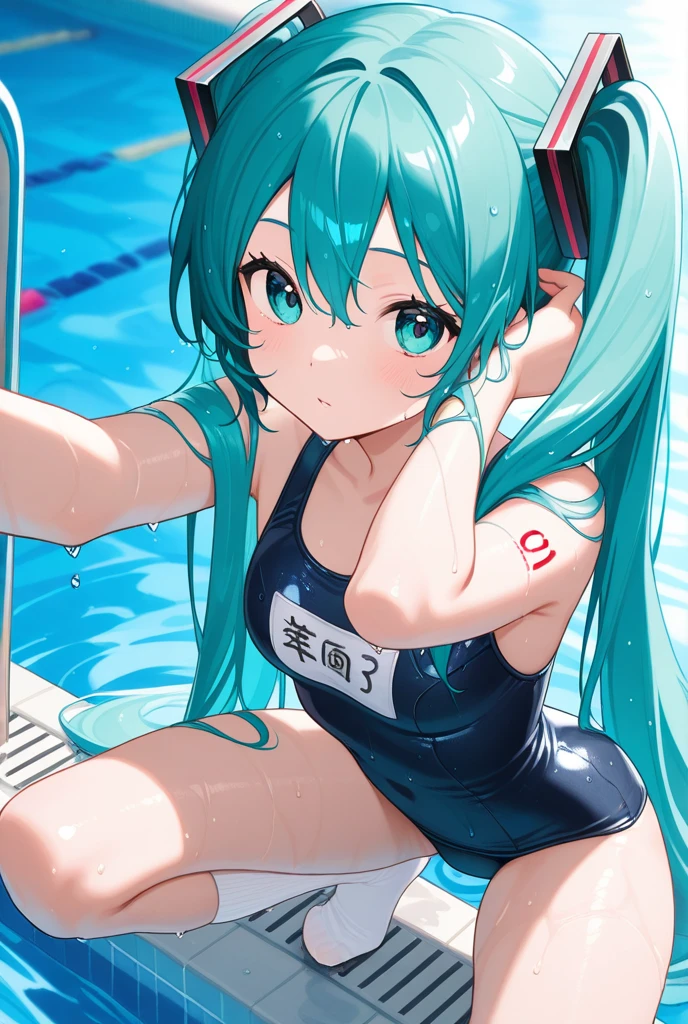 ((masterpiece)), (((best quality))), ((ultra-detailed)), ((illustration)), ((disheveled hair)), (1 girl), (solo), dynamic angle, thighhighs, beautiful detailed sky, on beautiful detailed water, (((swim pool))),beautiful detailed eyes, hairs between eyes (((medium breast))), (((arms behind))),(((string bikini))), {{{miku}}} ,twintails, (((miku))), indigo hair