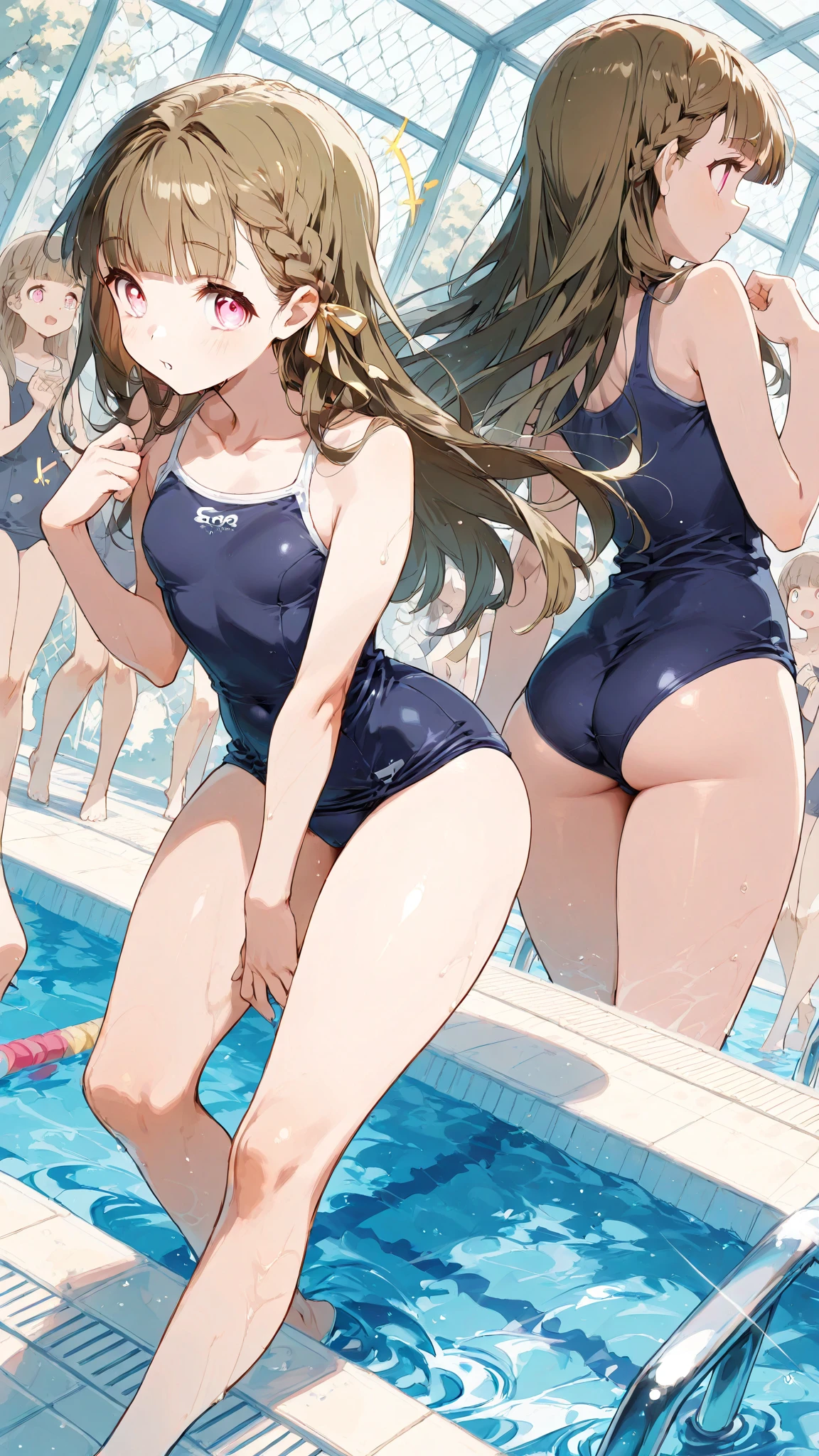 NSFW,Sex with three elementary school girls, blue eyes, Long Hair, Brown Hair, Side Lock, Low Ponytail,,Intense penetration sex,Creampie Sex,Three Girls,School Swimsuit,Pool