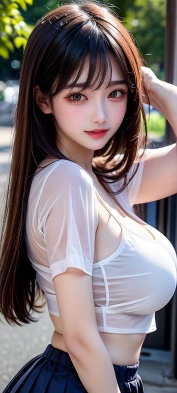 Innocent 20 year old girl、one girl,((Oversized white T-shirt,Dramatic poses)),Smile,short-cut,Park background、Raw photo, (8K、top-quality、masterpiece:1.2)、(intricate detailes:1.4)、(Photorealsitic:1.4)、octane renderings、Complex 3D rendering ultra detail, Studio Soft Light, Rim Lights, vibrant detail, super detailing, realistic skin textures, Detail Face, Beautiful detail eyes, Very detailed CG Unity 16k wallpaper, make - up, (detailedbackground:1.2), shinny skin, Full body、From head to thigh、cleavage of the breast,((getting on all fours、stick out buttocks、Put your hands on the ground))、Large Breasts,Black sleeveless shirt