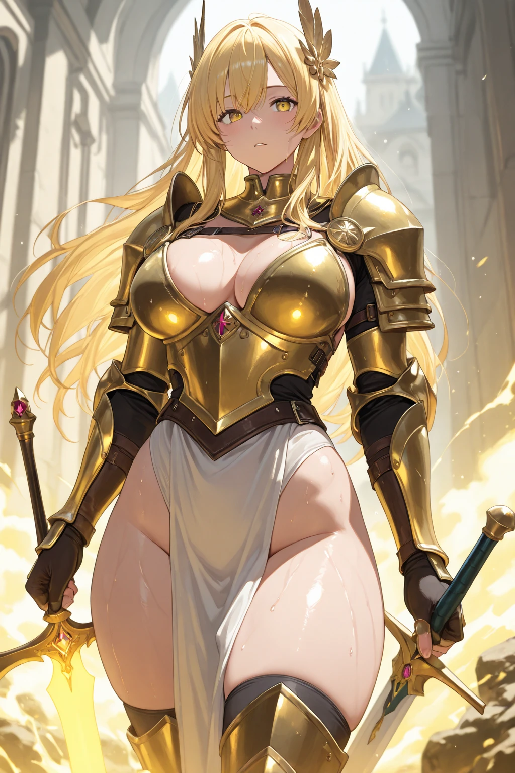 Holy Knight, Gold Armor, 4K image, rallies, best quality, masterpiece, movie lighting ,Sexy,Female warriors,Large Breasts,Cleavage,action,In battle,cleavage,anger,noble,Light beams from hands,Golden lightning all around