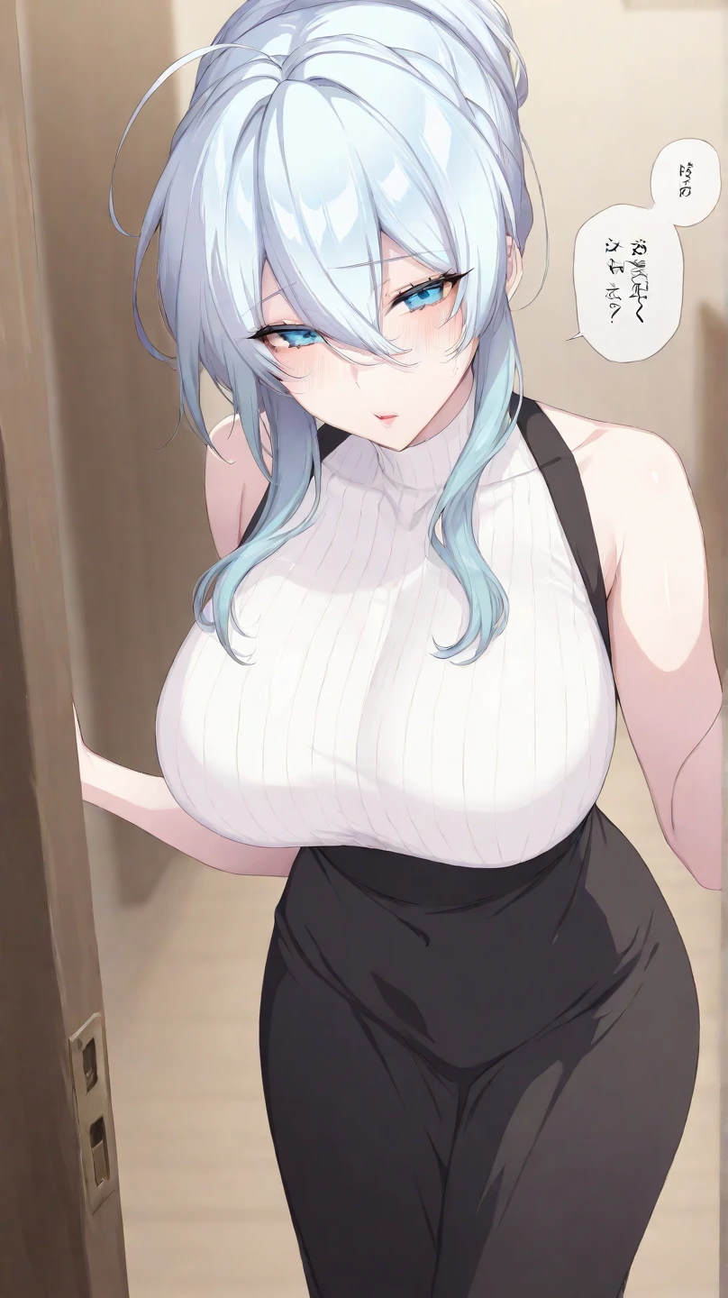 masterpiece,best quality,<lora:ako_(dress):1>,ako, 1girl, blush, huge breasts, cleavage, spoken blush, white background, blue dress, simple background, upper body, crossed arms, looking at viewer, halo, solo focus, sweatdrop, heart, bare shoulders, alternate costume, bangs, black dress, parted lips, earrings, cleavage cutout, sleeveless dress