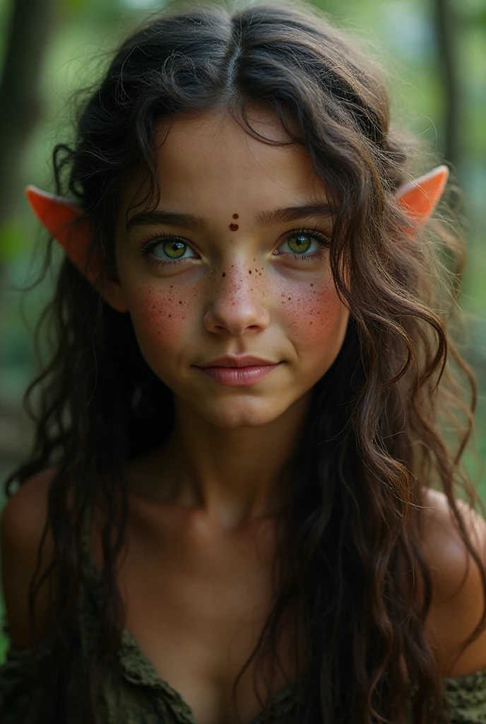 Curly Elf Portrait of a young wild elf, long curly hair, vibrant green eyes ...