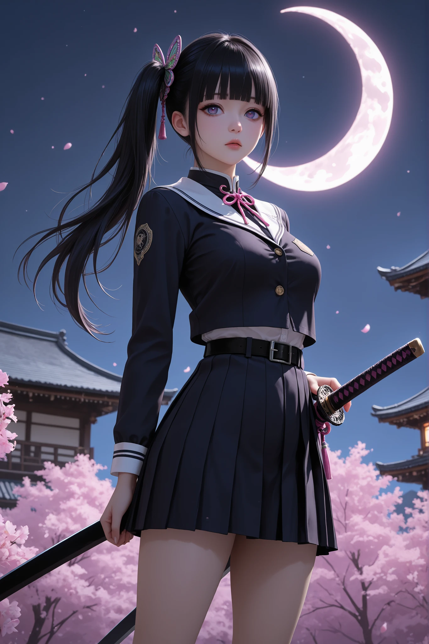 masterpiece, best quality, amazing quality, hyper-detailed, newest, very aesthetic, 1girl, aakanao, long hair, black hair, side ponytail, hair ornament, blunt bangs, purple eyes, medium breasts,Wearing school uniforms, (Pink japanese sword), scabbard, standing, dinamic pose, Crescent moon, nighttime, diffused light, absurdres, highres, dark fantasy, gothic style