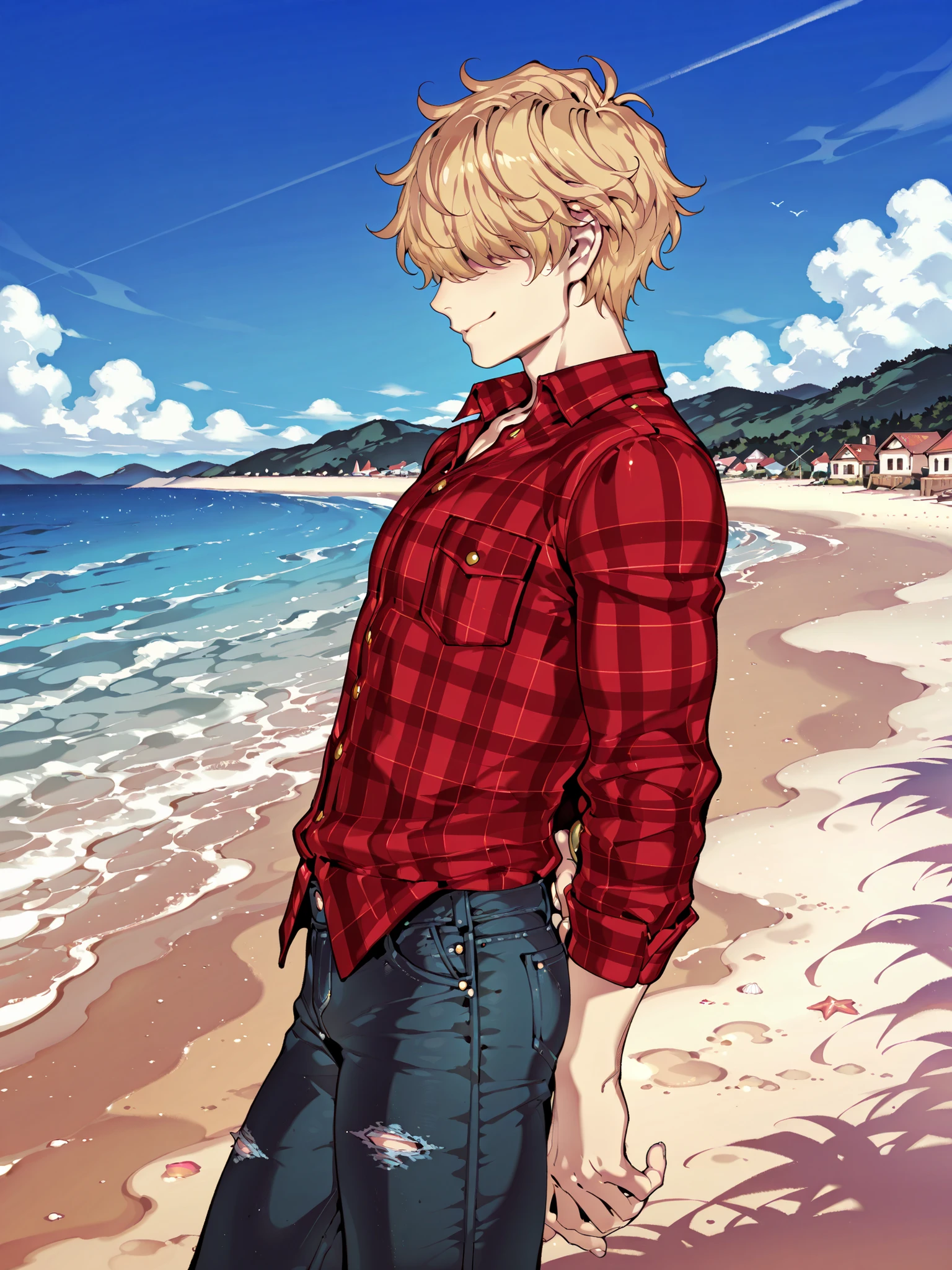 Source_anime, fishine style, 1boy, solo, adult man BREAK 

Messy hair, handsome, blond hair, (yellow hair), messy hair, hair covered eyes BREAK 

Plaid shirt, red shirt, long sleeves, collared shirt, denim pants BREAK  

Side view, smile, closed mouth,  , standing, 

Outdoors, blue sky, beach, coast plains, town, tr0p1c4l