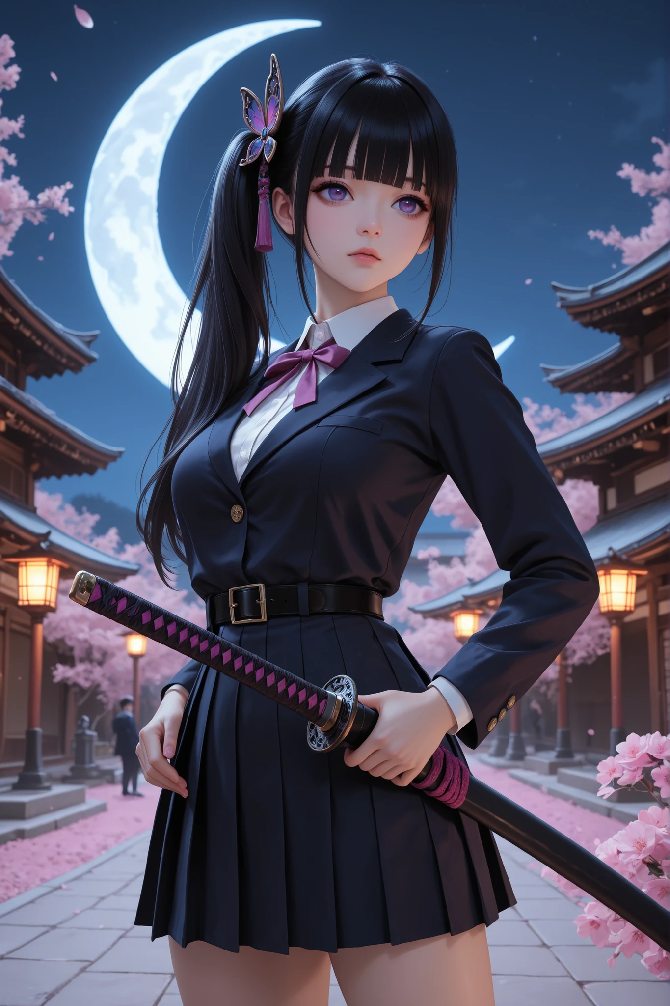 masterpiece, best quality, amazing quality, hyper-detailed, newest, very aesthetic, 1girl, aakanao, long hair, black hair, side ponytail, hair ornament, blunt bangs, purple eyes, medium breasts,Wearing school uniforms, (Pink japanese sword), scabbard, standing, dinamic pose, Crescent moon, nighttime, diffused light, absurdres, highres, dark fantasy, gothic style